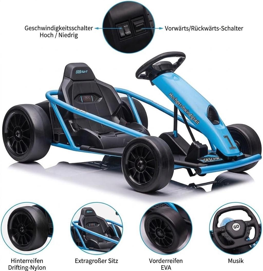 GarveeMore Elektro-Kinderquad Leistungsstarkes Drift Go-Kart Mit Musikfunktion, Sicherheitsgurt, Belastbarkeit 70 kg, (1-tlg), für Kinder 8-12 Jahre – 24V, 2x300W Motoren, Outdoor Elektrofahrzeug