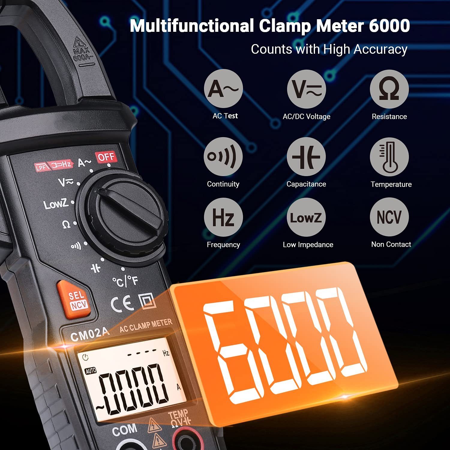 NCV 6000 600A Multimeter, Counts Multimeter Zange TRMS Spannungsprüfer TACKLIFE Digital