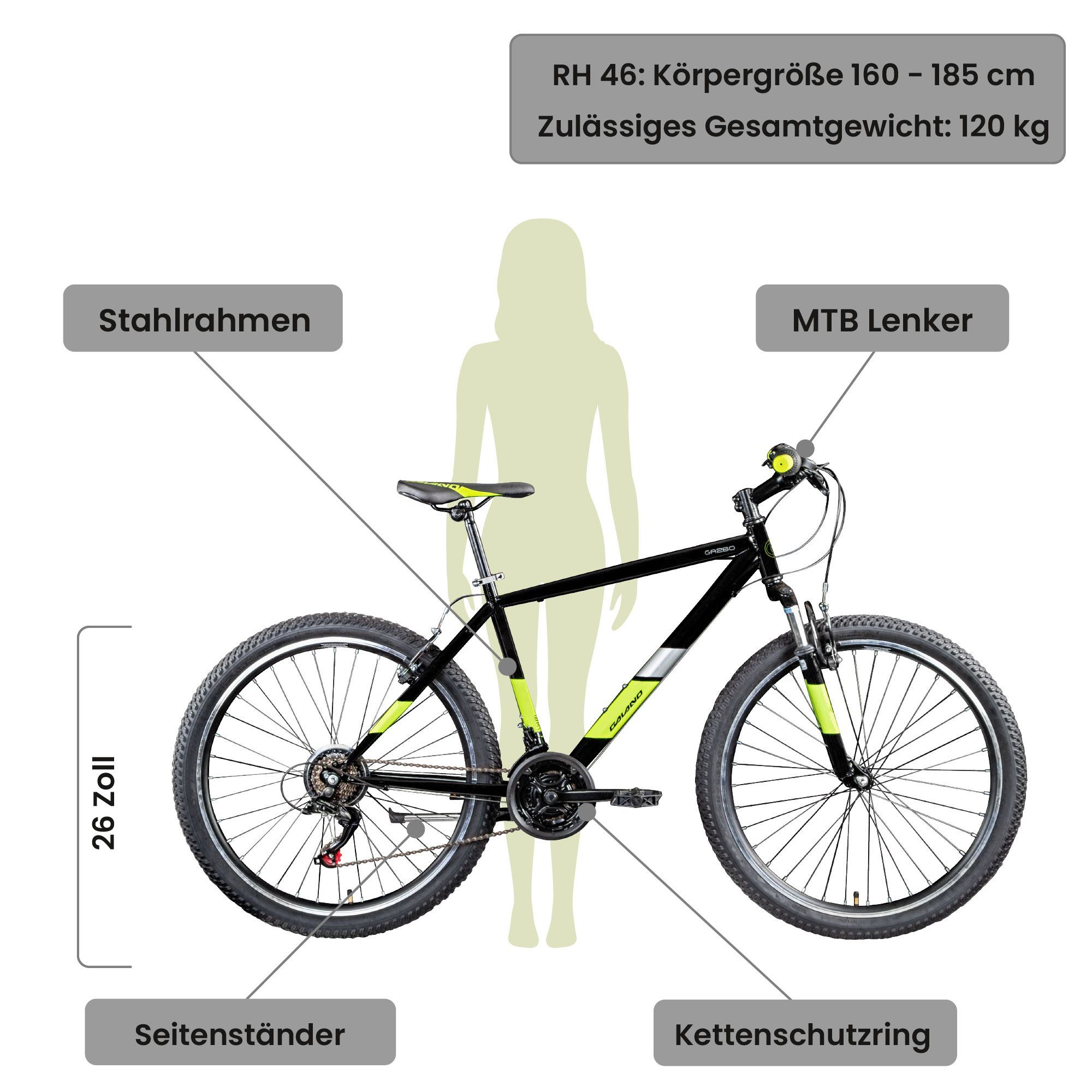 Galano Mountainbike GA260, 21 Gang Shimano, Kettenschaltung, Mountainbike 160 - 185 cm MTB Hardtail Fahrrad 21 Gänge V-Brakes
