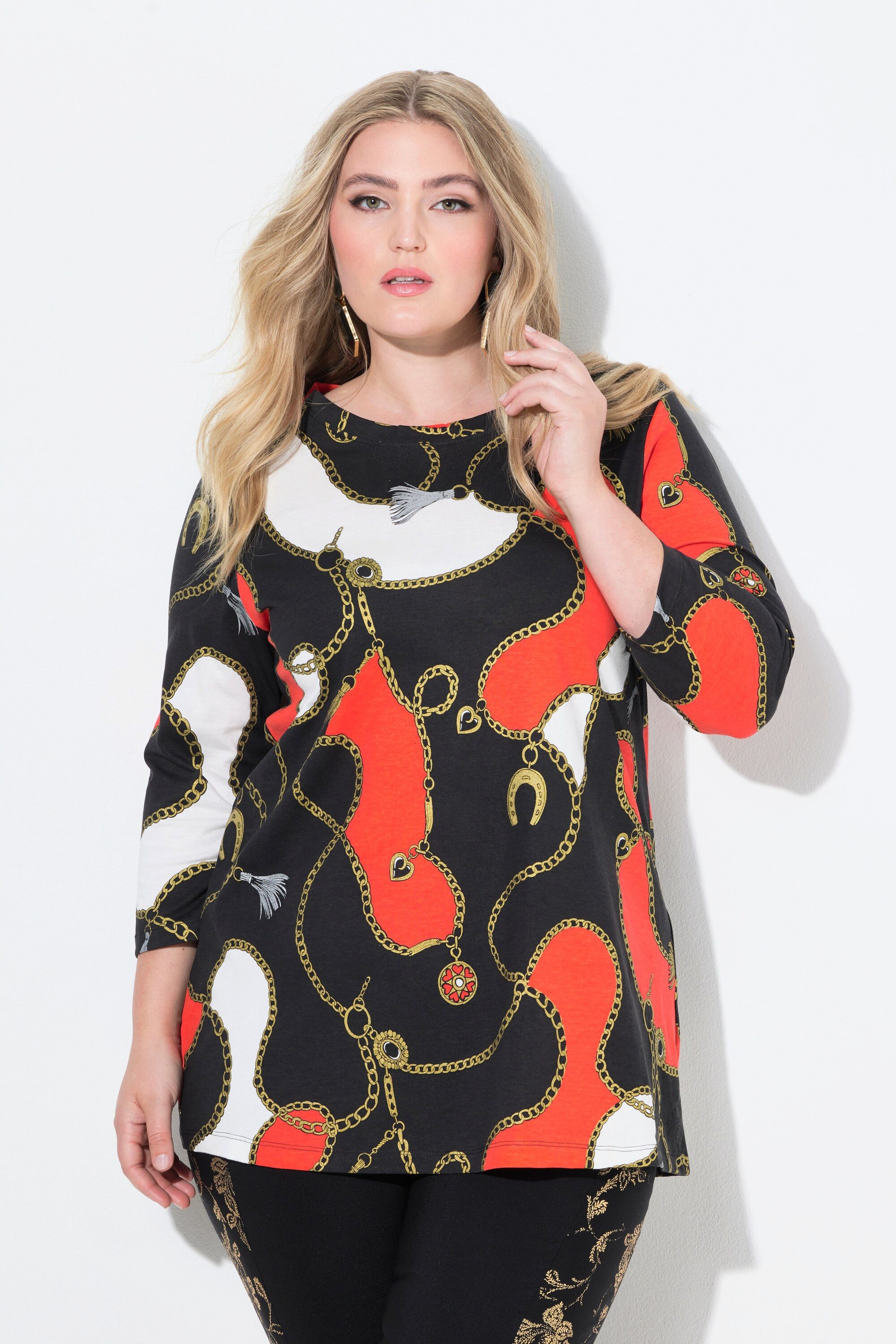 T-Shirt T-Shirt A-Linie Kettenmuster 3/4-Ärmel