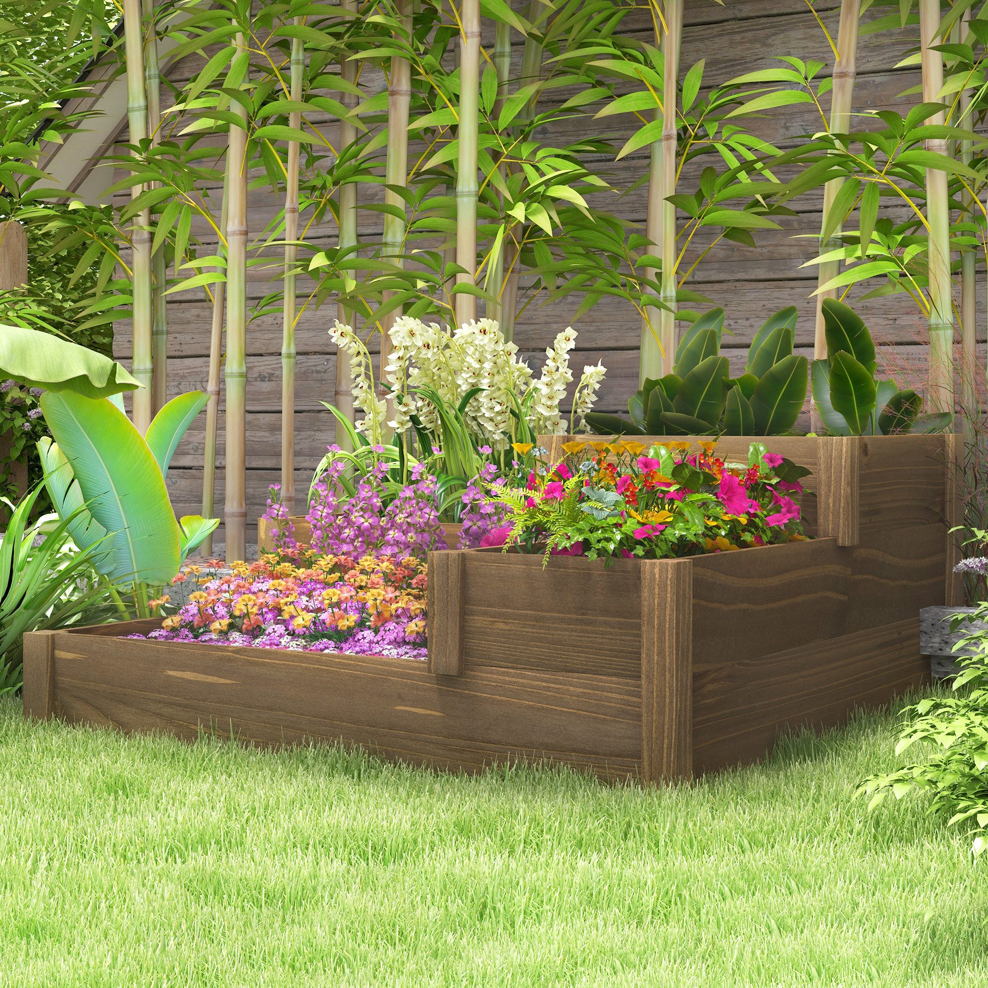 Outsunny Hochbeet Pflanzkasten mit 3 Stufen für Kräuter, Tannenholz, 122x122x51cm (Blumenkasten, 1 St., Gemüsebeet), für Garten, Balkon, Braun