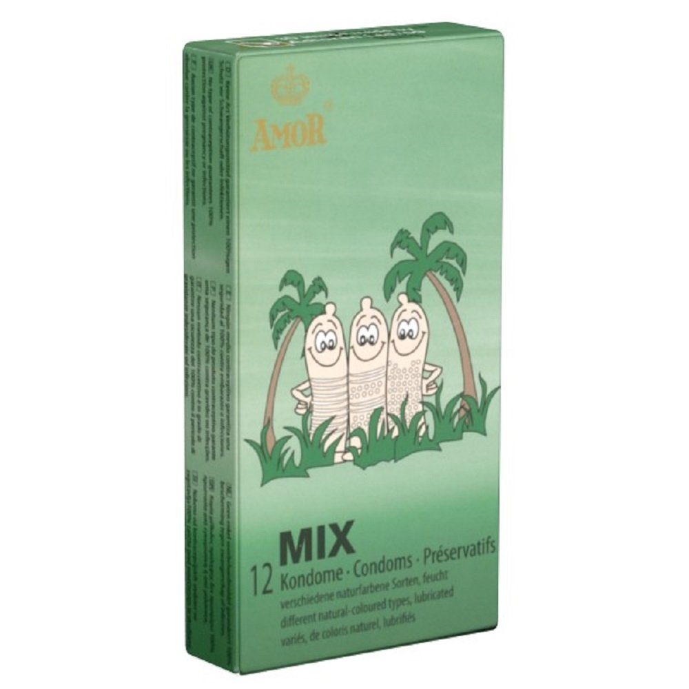 Amor Kondome Mix (gerippte und genoppte Kondome) Packung mit, 12 St., stimulierende Kondome, mit verschiedenen Texturen, Rippen, Noppen oder beides