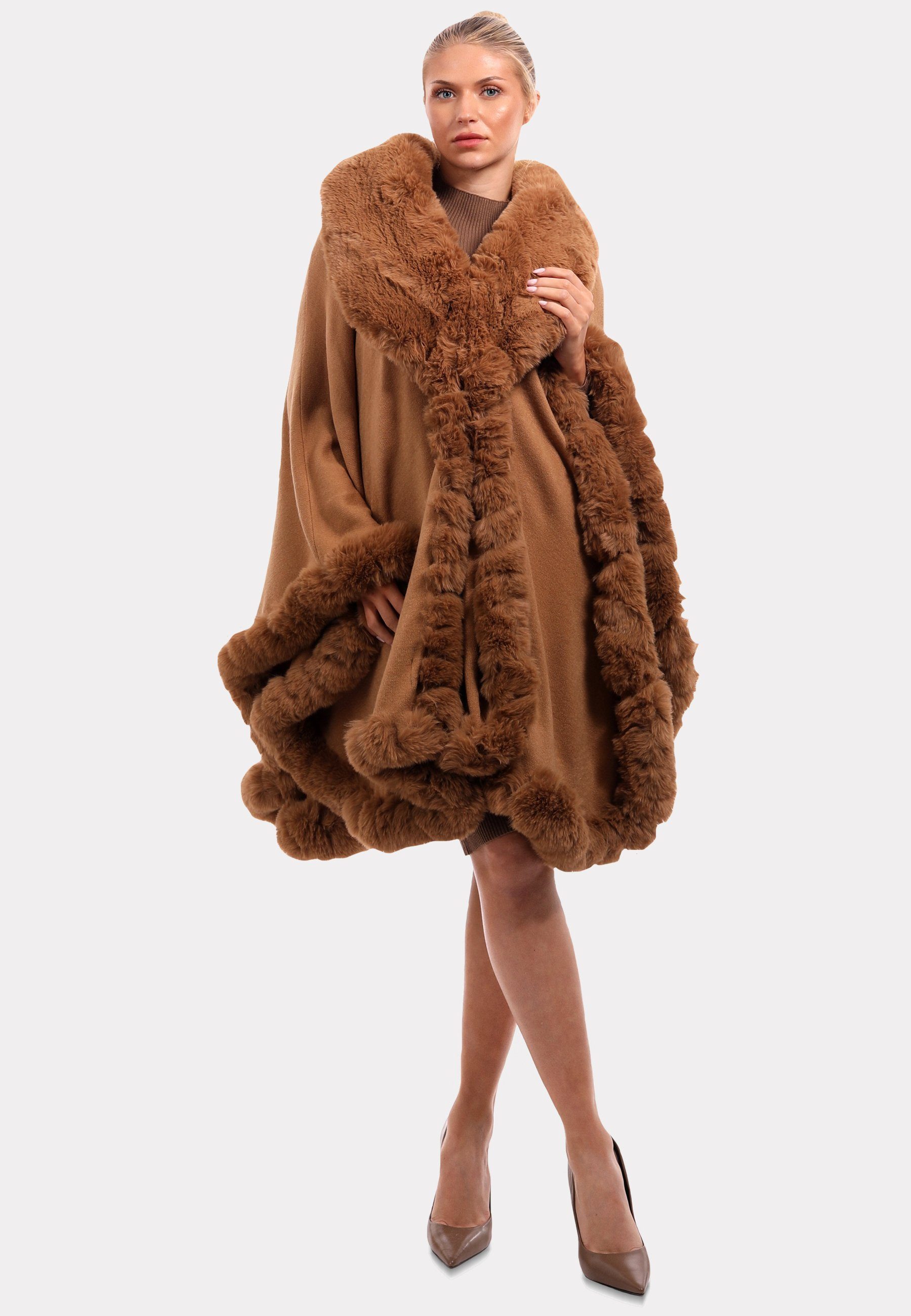 YC Fashion & Style Poncho in Unifarbe Poncho Fließender Kunstpelz-Besatz" (1-St) Luxuriösem camel "Edler mit