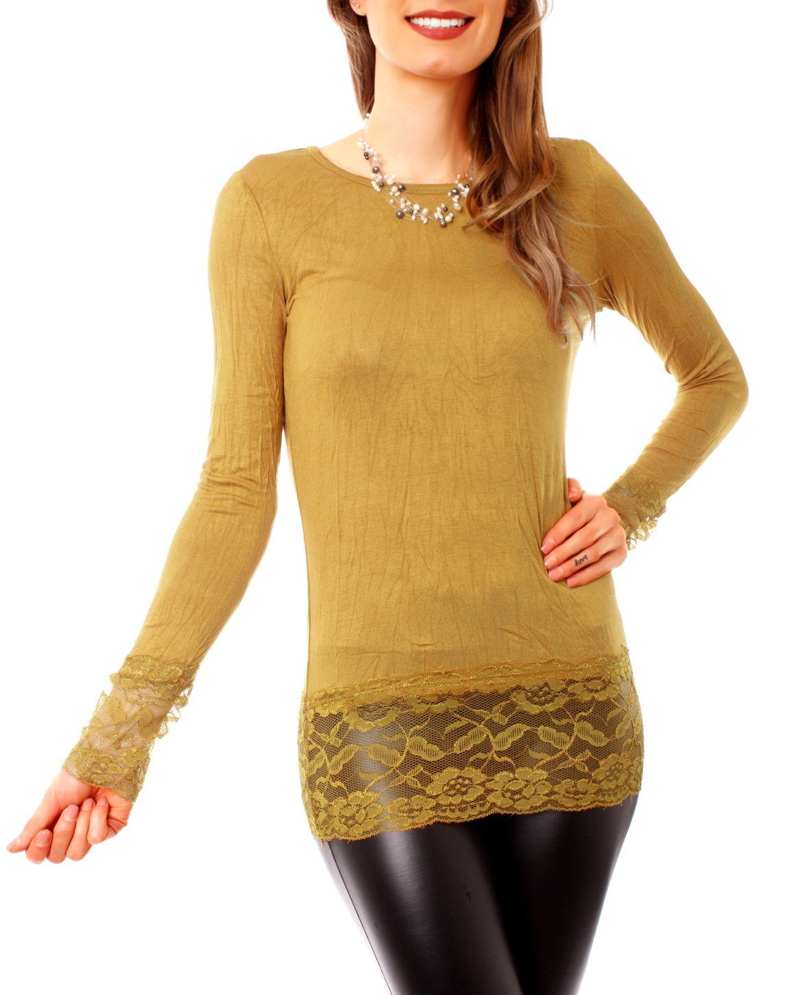 Muse Rundhalsshirt Langarm Longshirt mit Spitzensaum 0998 günstig online kaufen