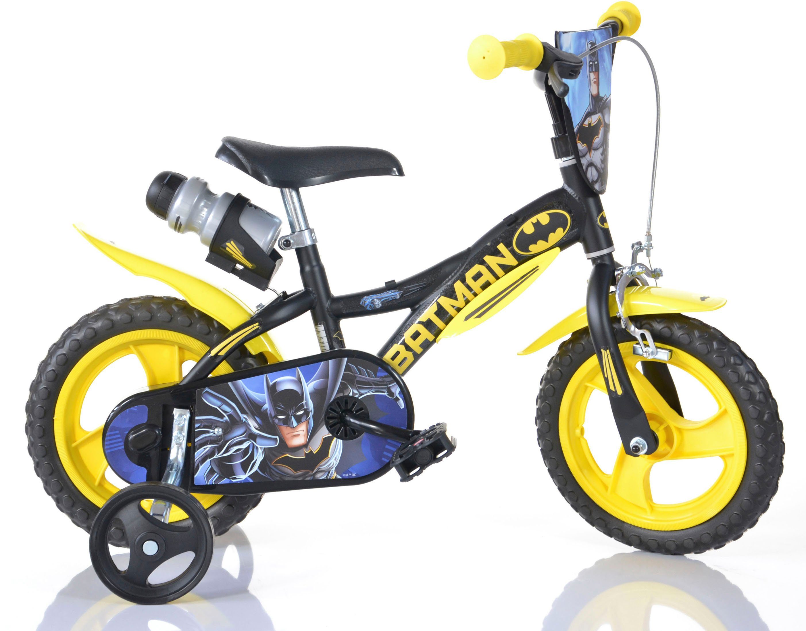 1 Kinderfahrrad mit Batman Frontschild und 12 Gang, Zoll, Trinkflasche Stützrädern, Dino