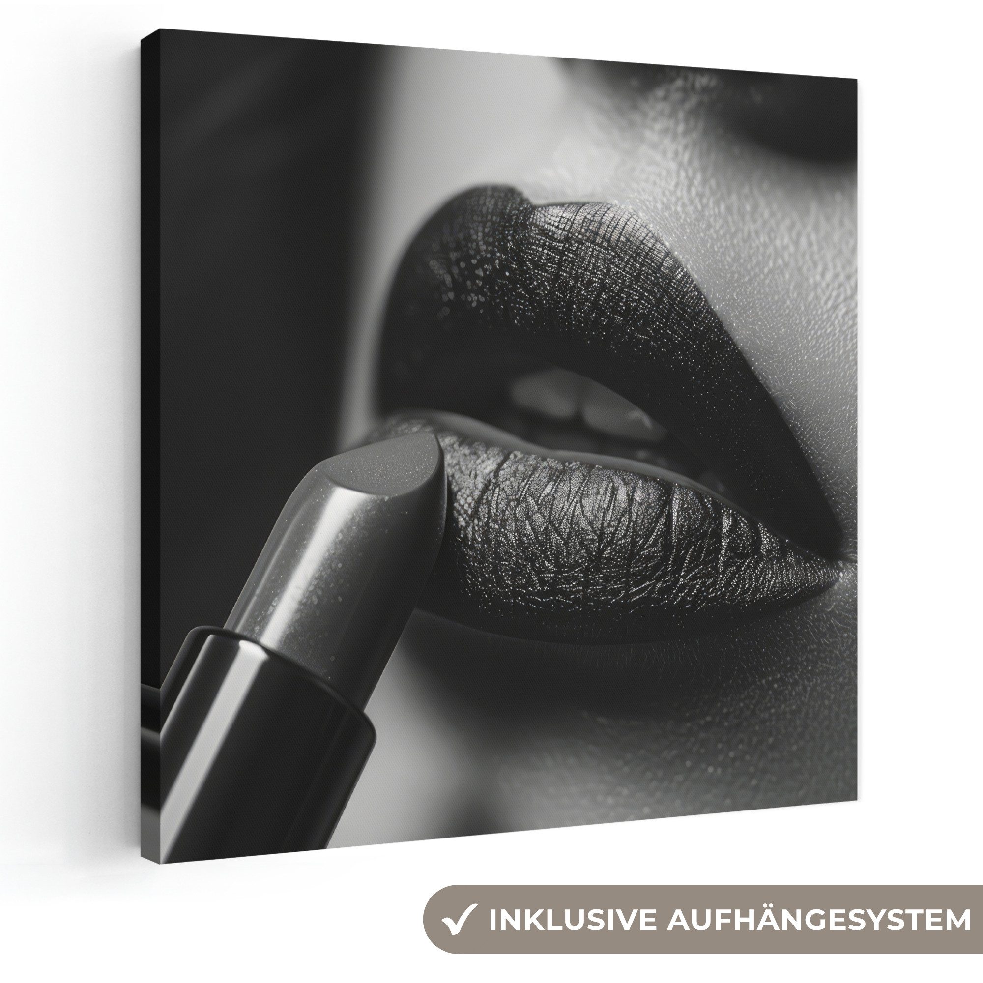 OneMillionCanvasses® Leinwandbild Frau - Lippenstift - Schwarz und weiß - Make-up, Fotodruck (1 St), Wandbild, Deko Schlafzimmer Wohnzimmer Flur 20x20 cm