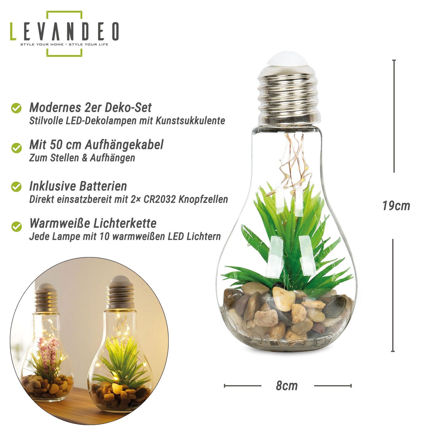 Levandeo® LED Dekoobjekt, 2er Set Sukkulenten Glühbirne Im Glas B x H: 8 x 19 cm LED Warmweiß. € 17,99