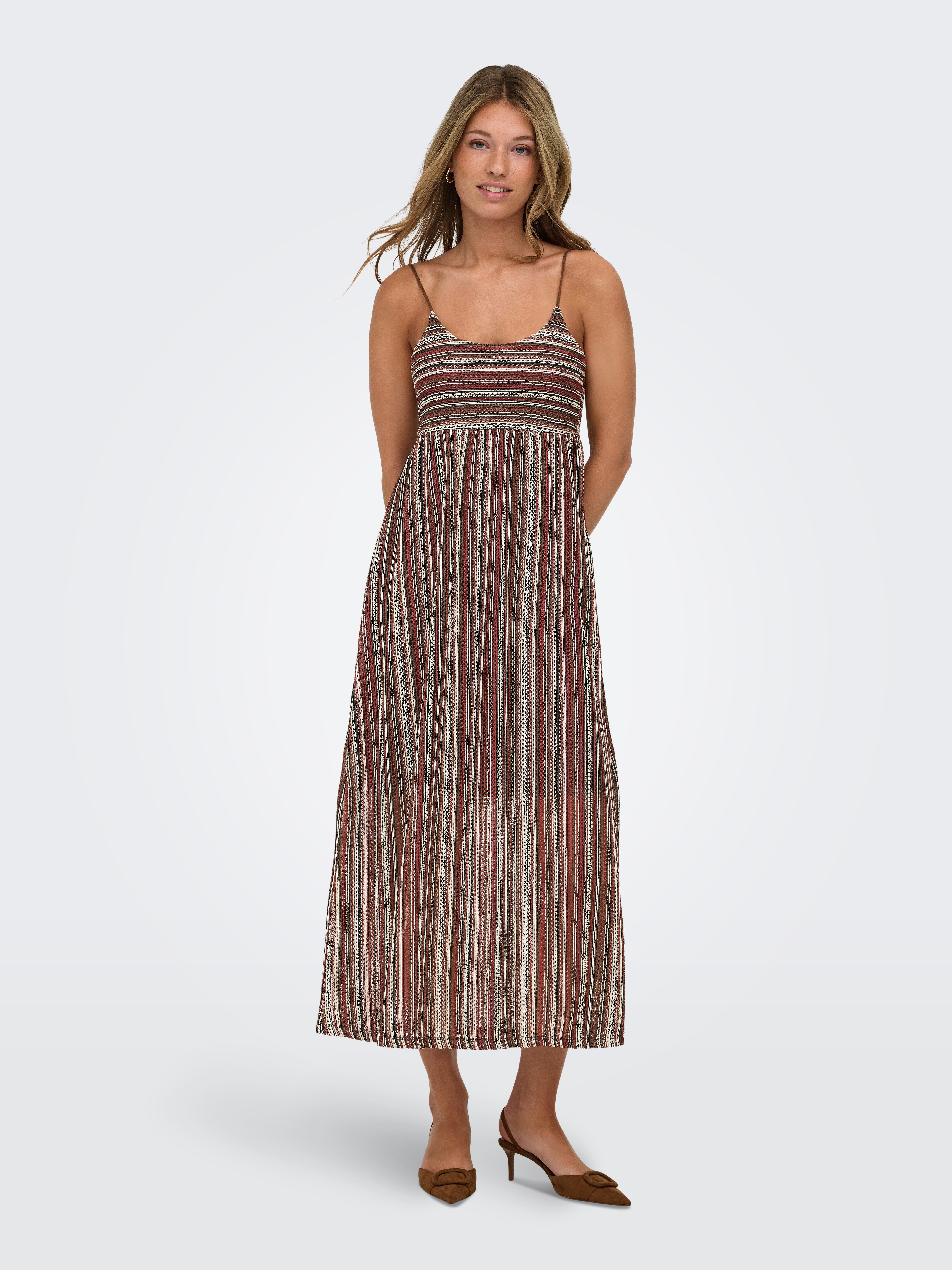 ONLY Spaghettikleid ONLSANDY LONG DRESS JRS Materialmix, regular fit, V-Ausschnitt