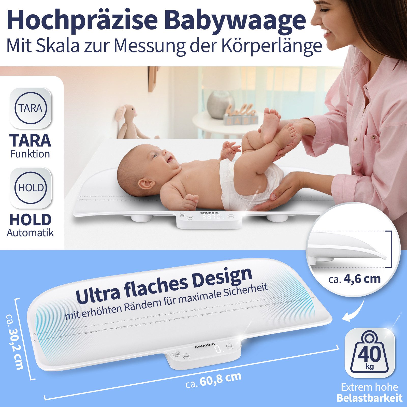 Grundig Personenwaage Babywaage mit Körperlängen Messung (inkl. Batterien)