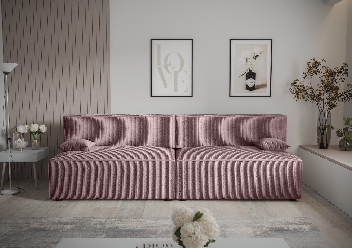 262cm MIRAX2 Sofa und pressiode mit Schlafsofa, COUCH Hellrosa Bettkasten Schlaffunktion