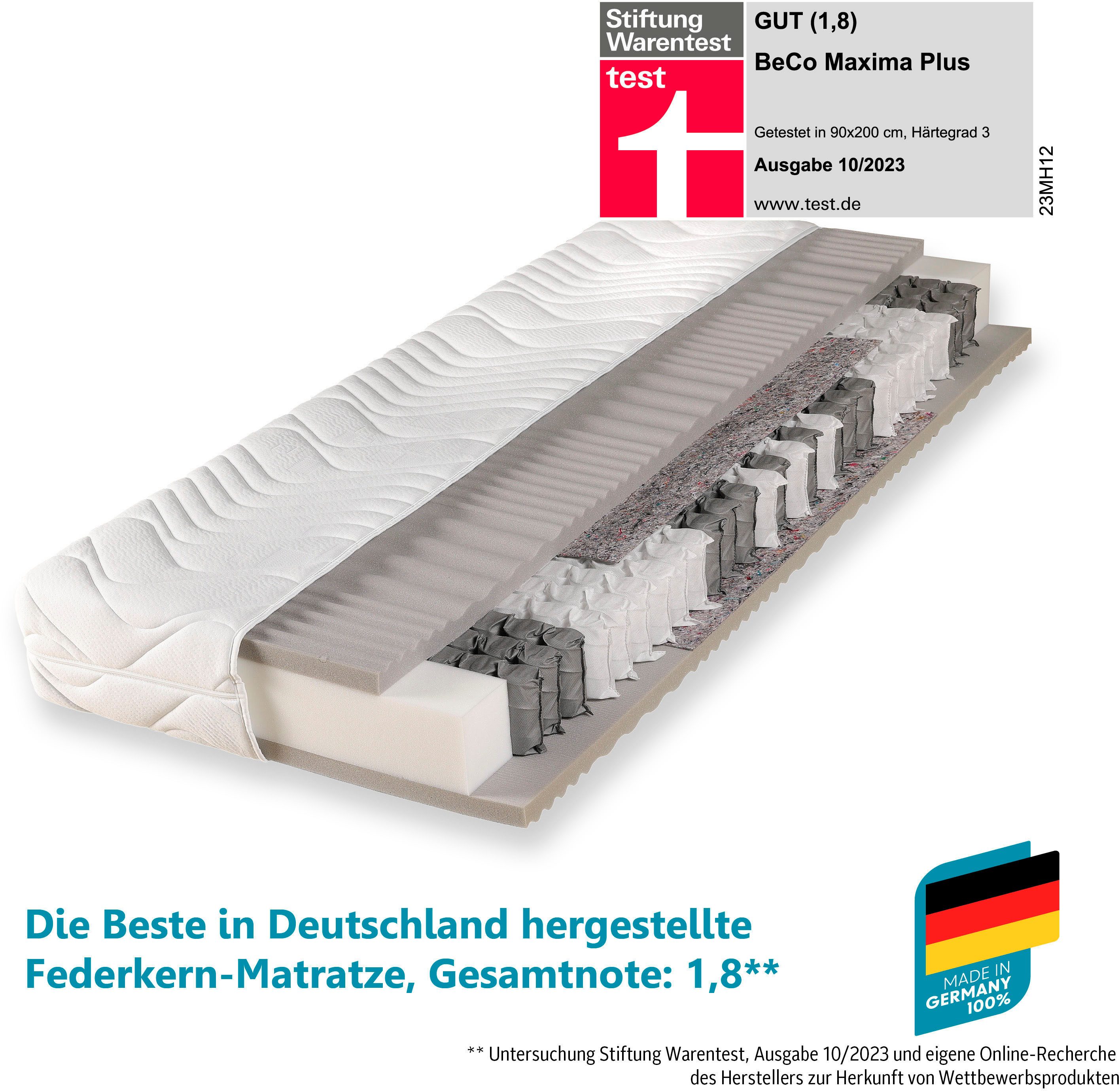 Taschenfederkernmatratze Maxima Plus, Matratze in 90x200 und vielen weiteren Größen erhältlich!, Beco, 22 cm hoch, Matratze, 7 Zonen, 90x200 cm in H3 von Stiftung Warentest "GUT (1,8)"