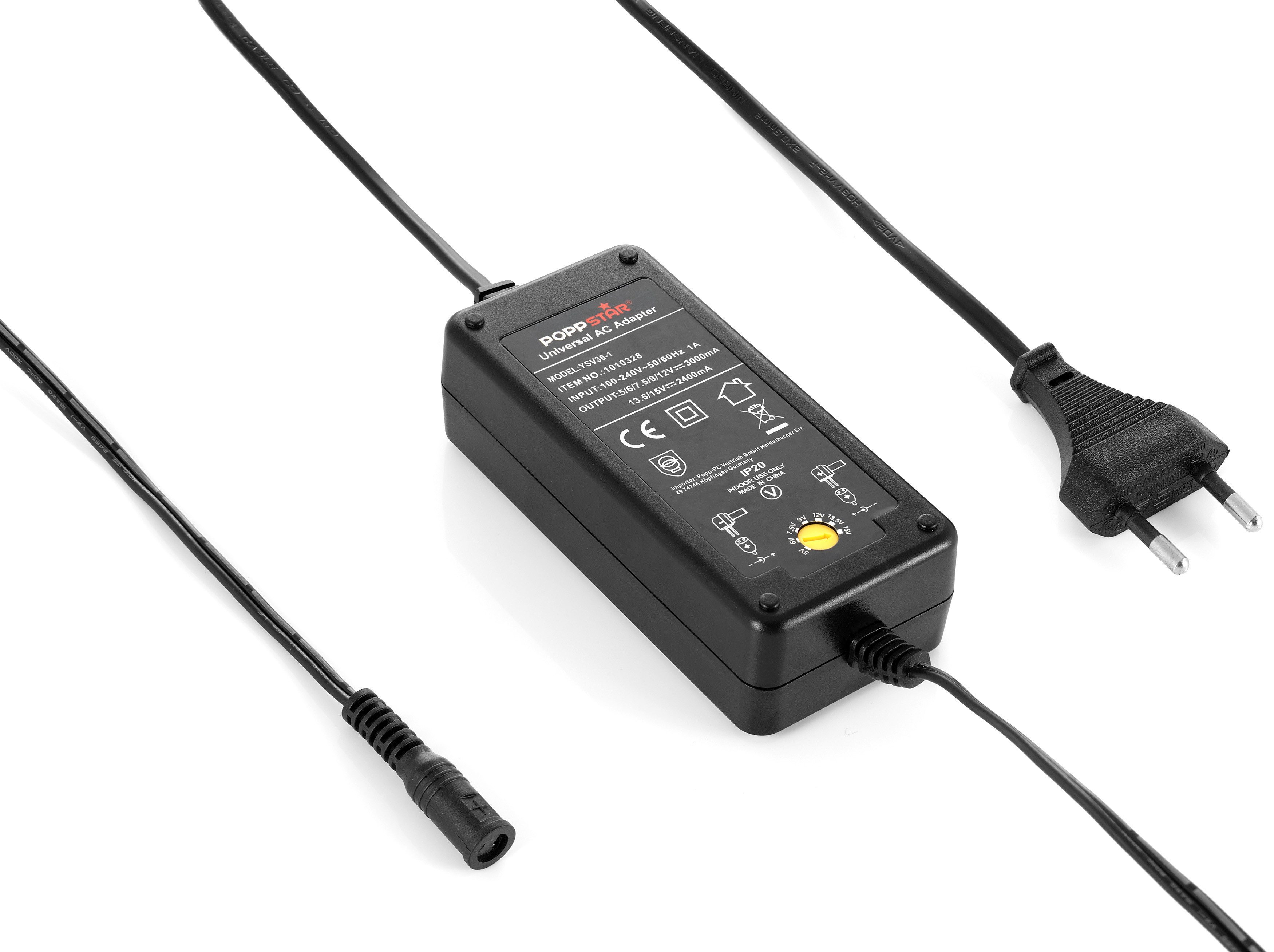 Poppstar Schaltnetzteil (5V 6V 7,5V 9V 12V bei 3A) (13,5V 15V bei 2,4A) Universal-Netzteil (mit 8 Adaptersteckern und LED Kontroll-Leuchte, Kabellänge 2,5m)
