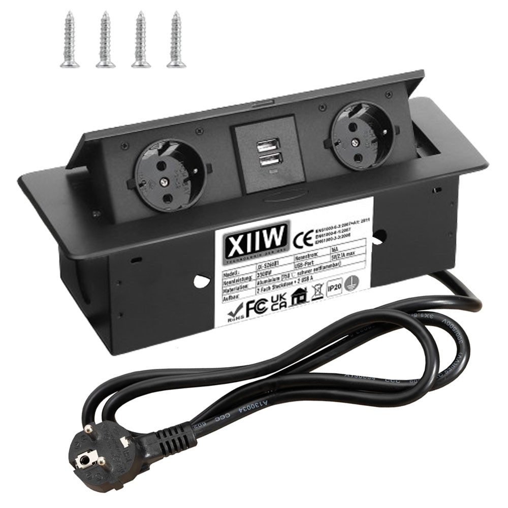 XERSEK Premium Mehrfachsteckdose Einbau Tischsteckdose Розеткиleiste Einbau-Tischsteckdose 2-fach (USB-Anschlüsse, Netzteil, 2 Fach + 2 USB, Versenkbare Unterbausteckdose Ecksteckdose Bodensteckdose (inkl. Netzteil, Kabellänge 1.8 m), 750℃ Schwer Entflammbar, aus Alu, 230V, Schwarz, für Büros Boden Küche, Kabellänge 1.8 m)