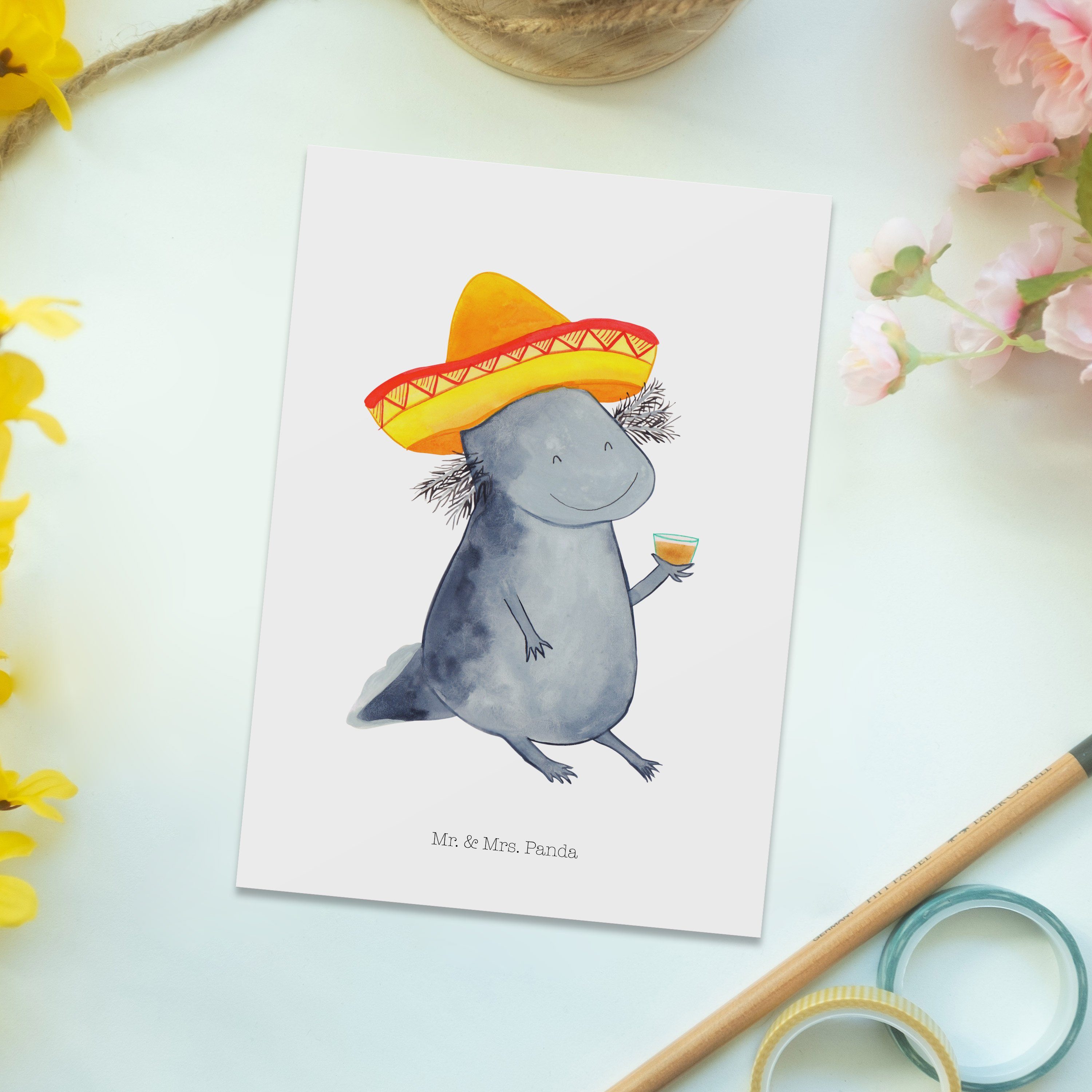 Sombrero, Axolotl - Mr. Geschenk, Panda Molch, Fe Weiß Tequila Ansichtskarte, - & Mrs. Postkarte