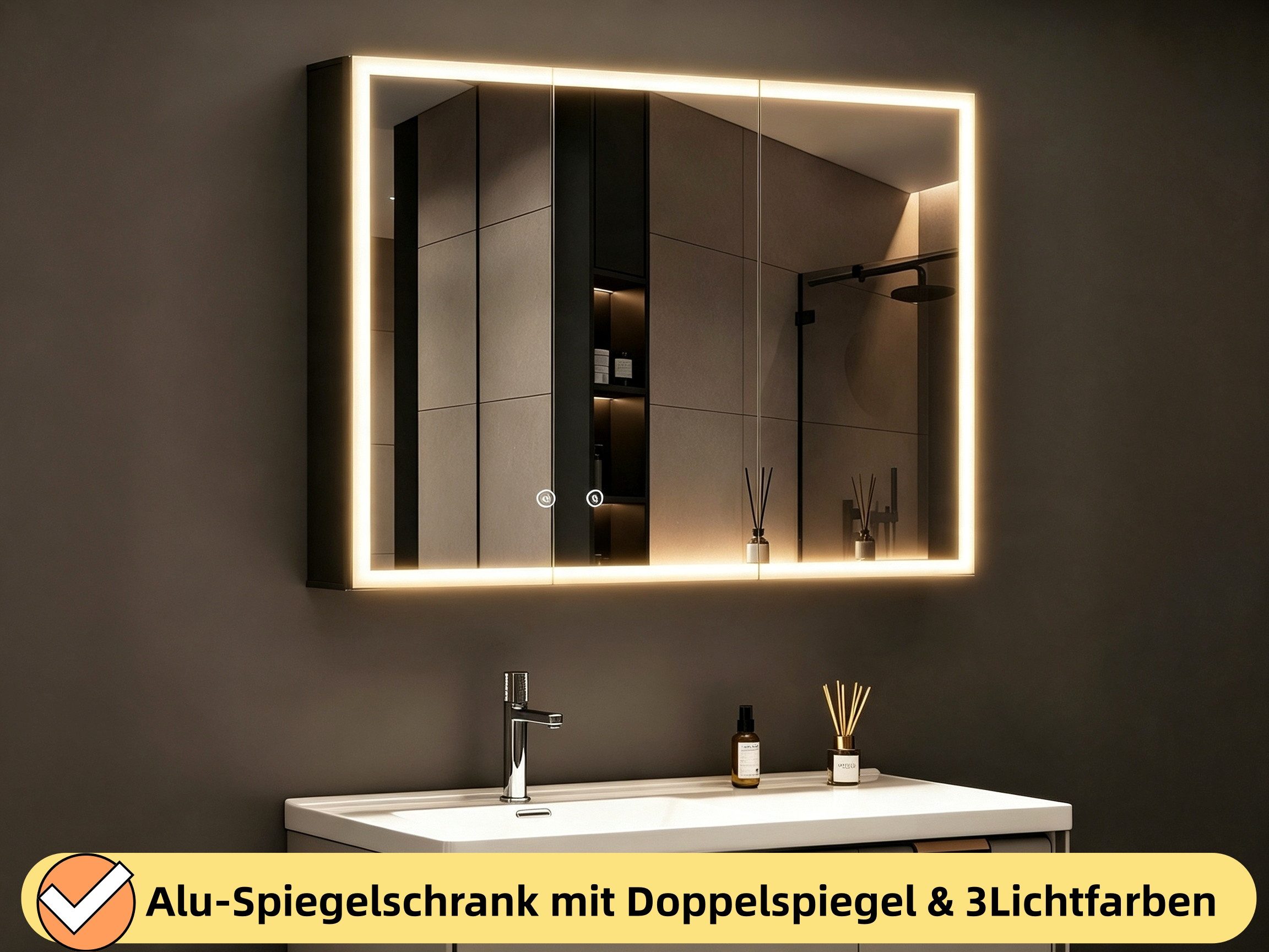 WDWRITTI Spiegelschrank Aluminum Badezimmerspiegelschrank 80cm breit mit LED Beleuchtung (Badschrank Schwarz matt 2-türig, 80x13,5x60cm) Doppelseitiger HD-Spiegel, Kaltweiß, Neutral, Warmweiß
