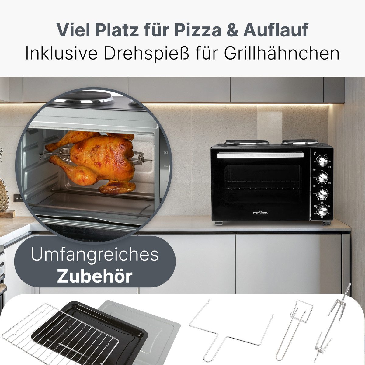 ProfiCook Minibackofen PC-KK 1302, Minibackofen mit Kochplatten, 32L, 3200 Watt