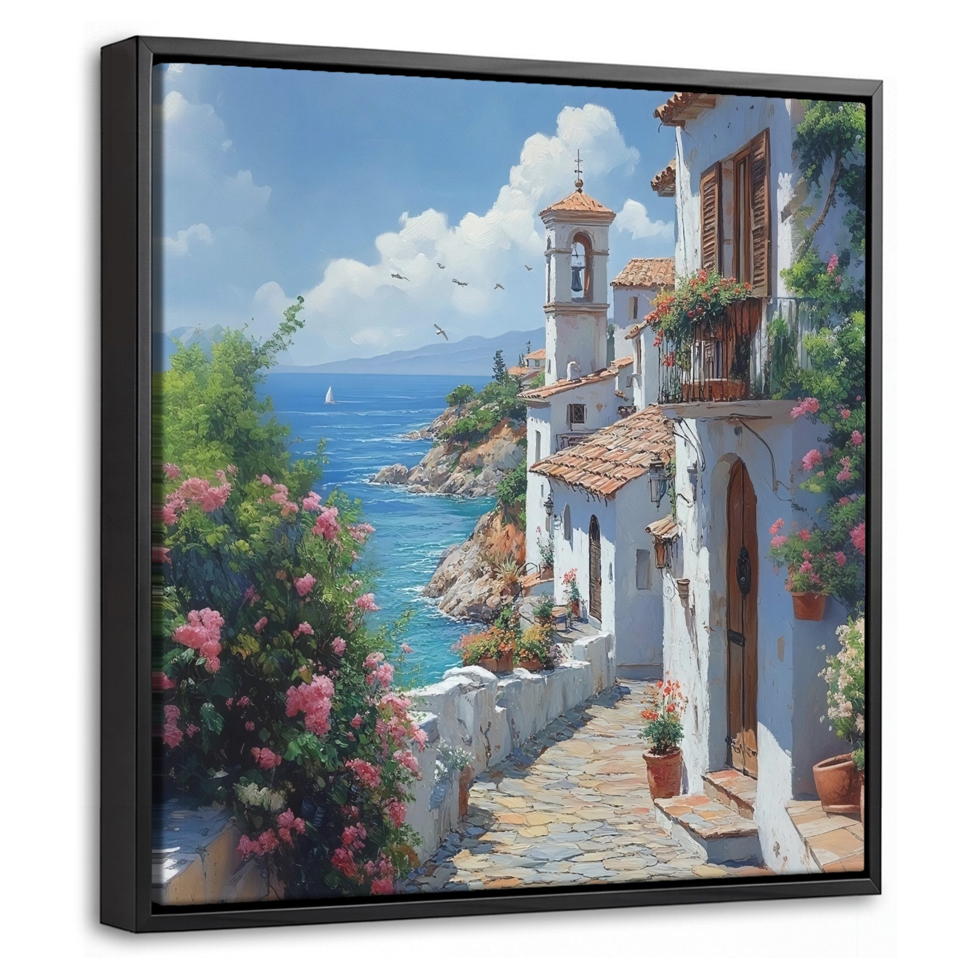 OneMillionCanvasses® Leinwandbild mit Rahmen - Häuser - Meer - Bäume - Blumen, Fotodruck (1 St), Leinwand Bilder Klein, Wand Dekoration Aesthetic 20x20cm