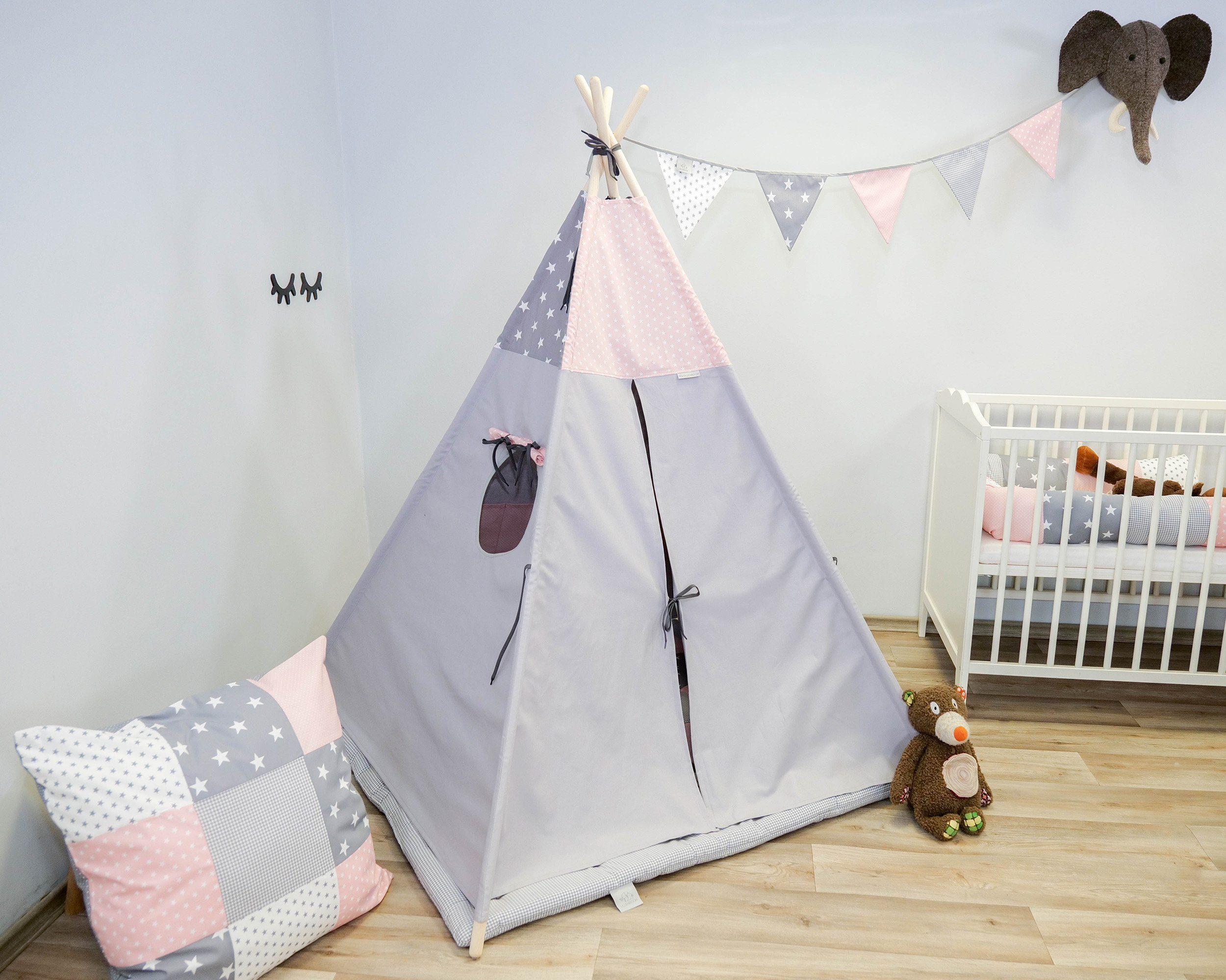 ULLENBOOM ® Spielzelt Tipi-Zelt für Kinder mit Krabbeldecke und  Wimpelkette, Rosa Grau Spielzelt für das Kinderzimmer, Mit Bodenmatte,  Indoor & Outdoor geeignet