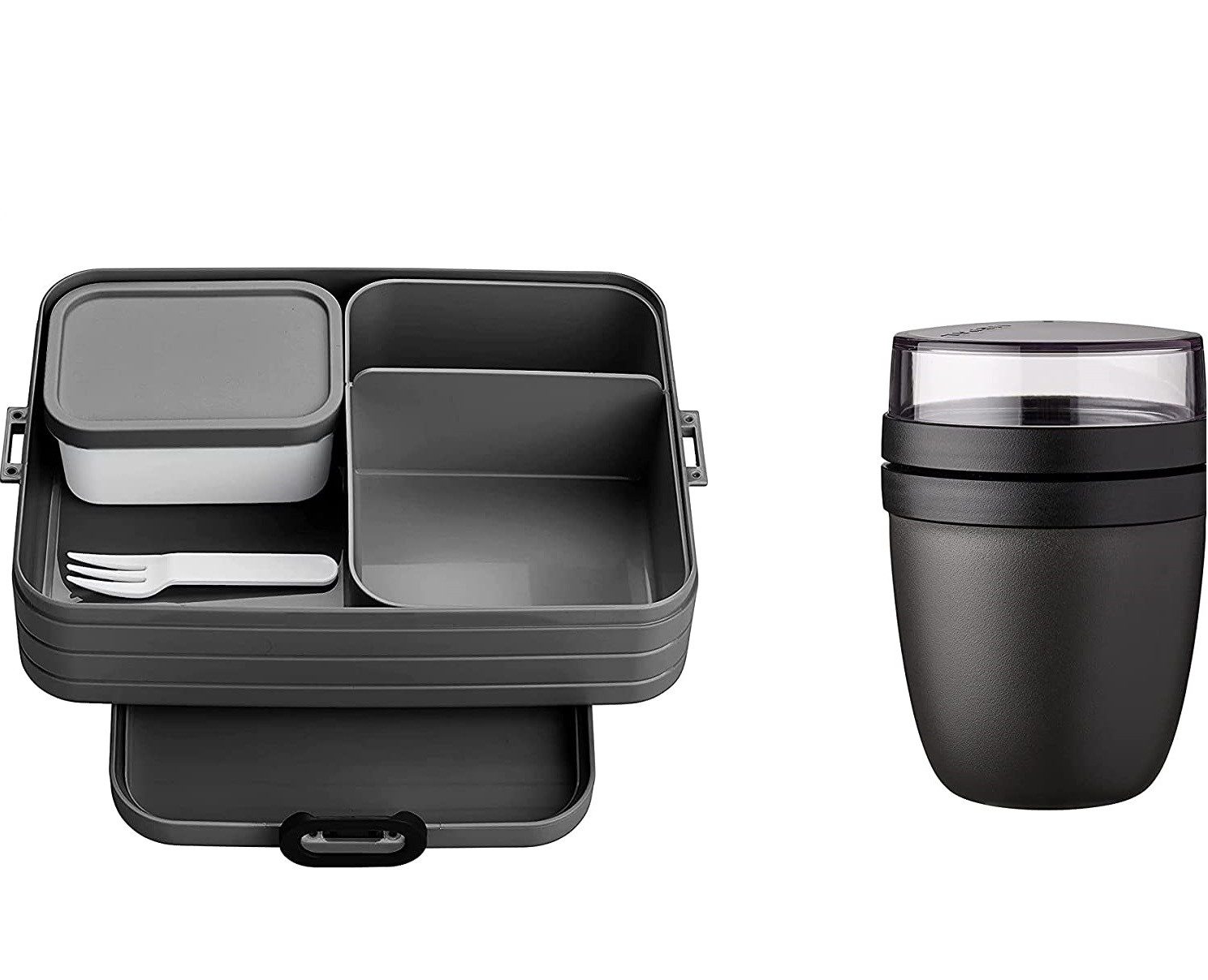 Mepal Lunchbox Bento-Lunchbox Large & Lunchpot, Kapazität für 8 Butterbrote, Polypropylen (PP), PCTG, Brotdose mit Fächern, praktischer Müslibecher, Nordic Black