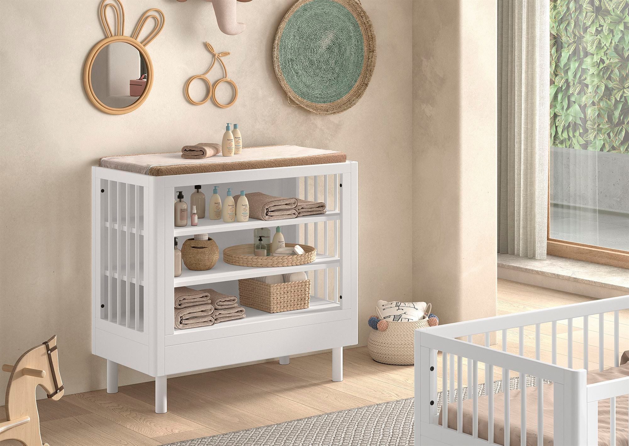 58 aufm Kessel Wickelkommode Wickelregal Keeley Buche Babyregal Weiß Massivholz Wickeltisch Stabil, Wickelregal mit drei Ablageebenen und Umrandung für Wickelauflage