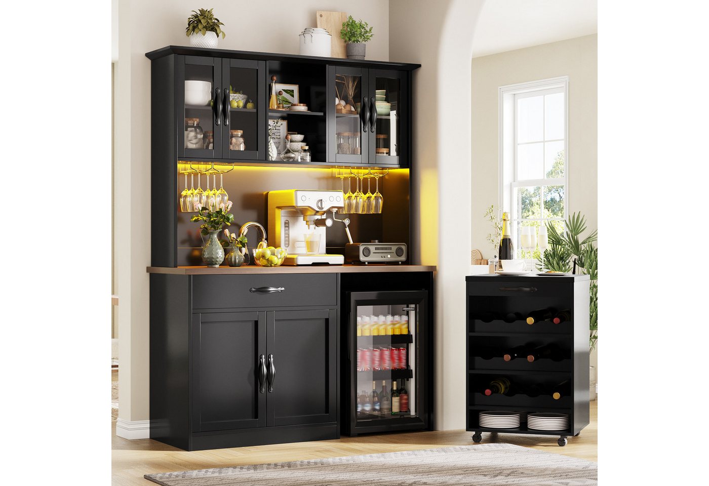 Odikalo Küchenbuffet Küchenschrank mit LED Rollwagen & Weinregal (mit Weinglasregal & Weinregal, Beleuchteter Sideboard Schrank für Wohnzimmer, Esszimmer) 140*38*180cm(L x B x H)