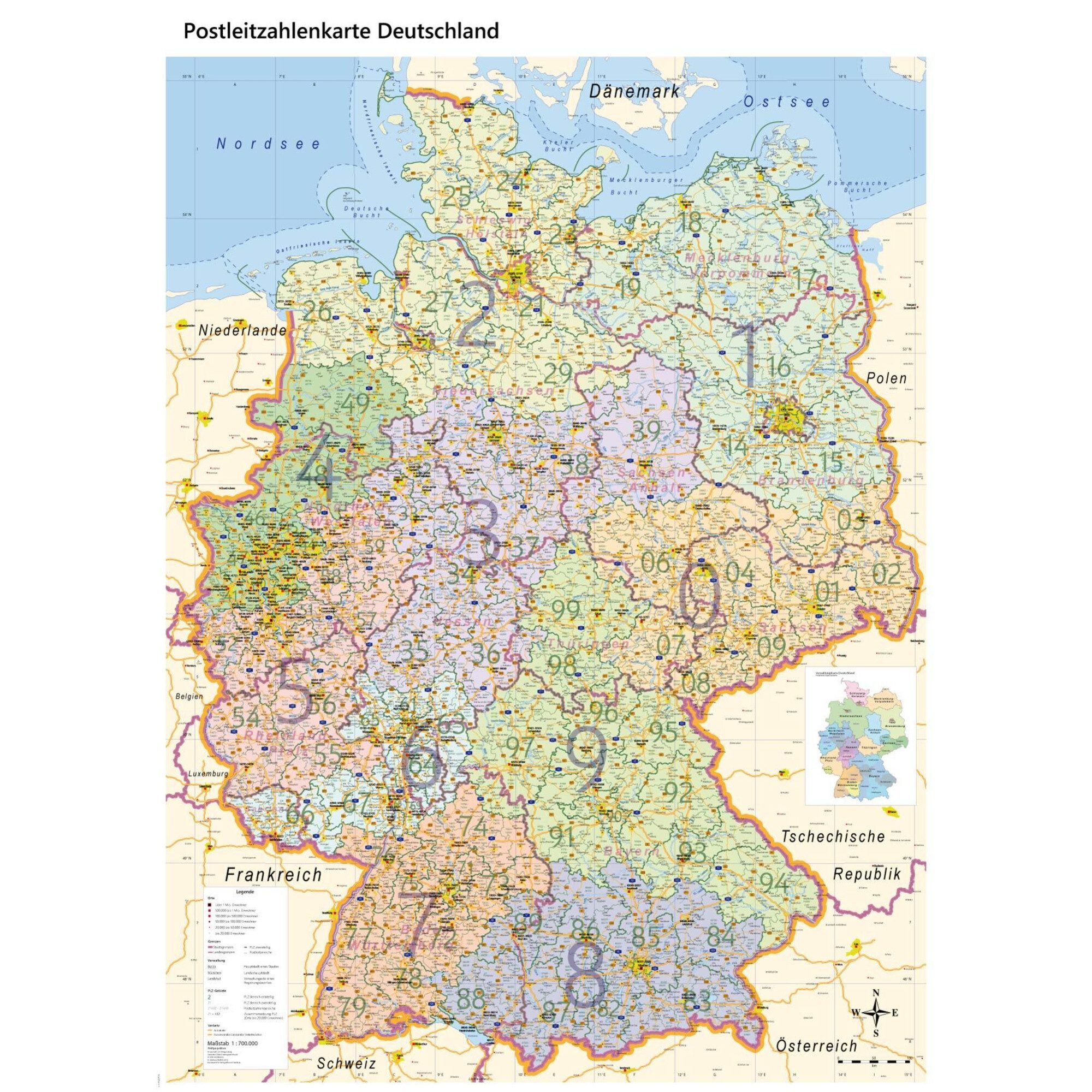 GeoMetro Wandbild GeoMetro Landkarte Deutschland politisch mit Postleitzahlen PLZ XL