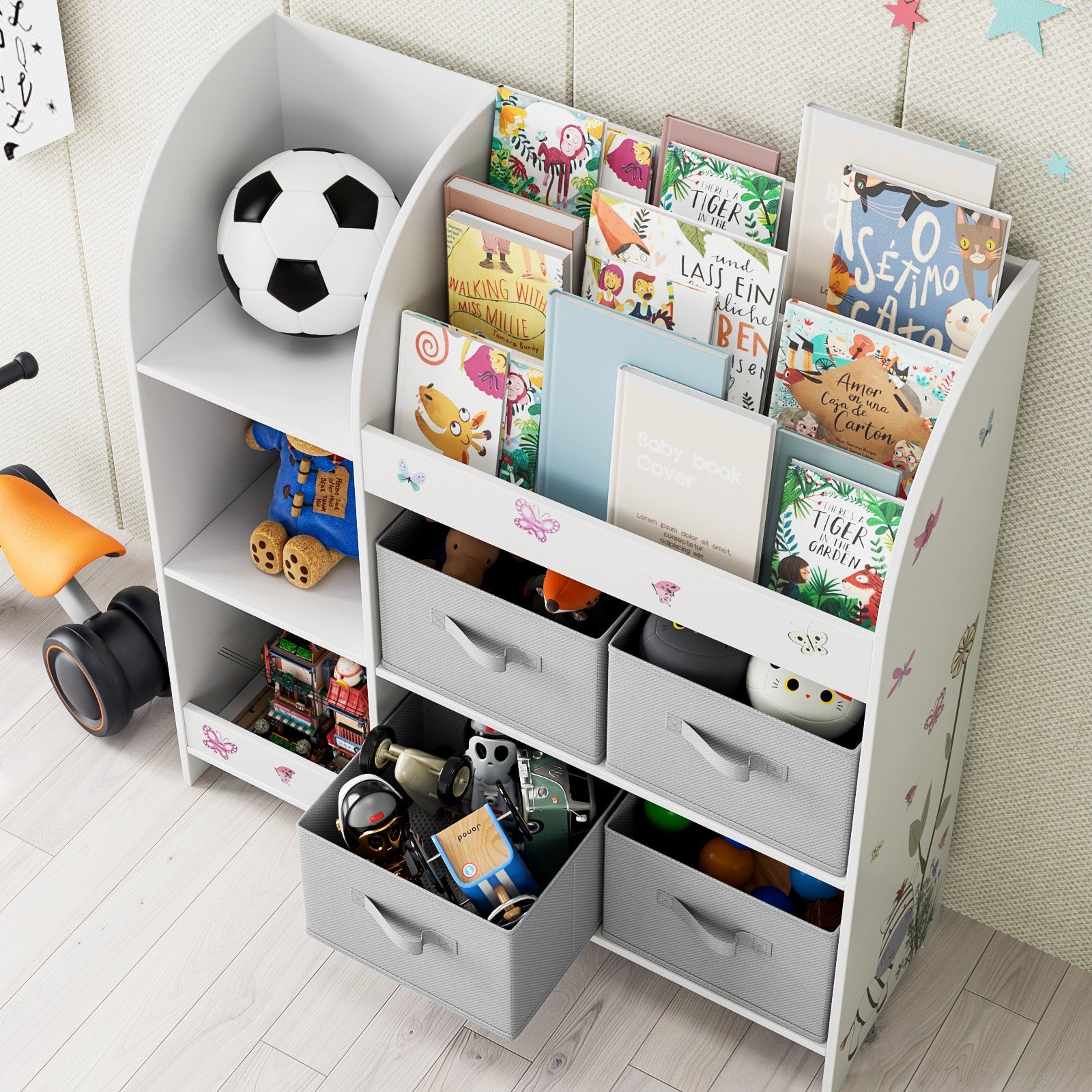 HOMECHO Toy Chest, Toy Shelf, Bookshelf, Children's Shelf with 4 Fabric Boxes