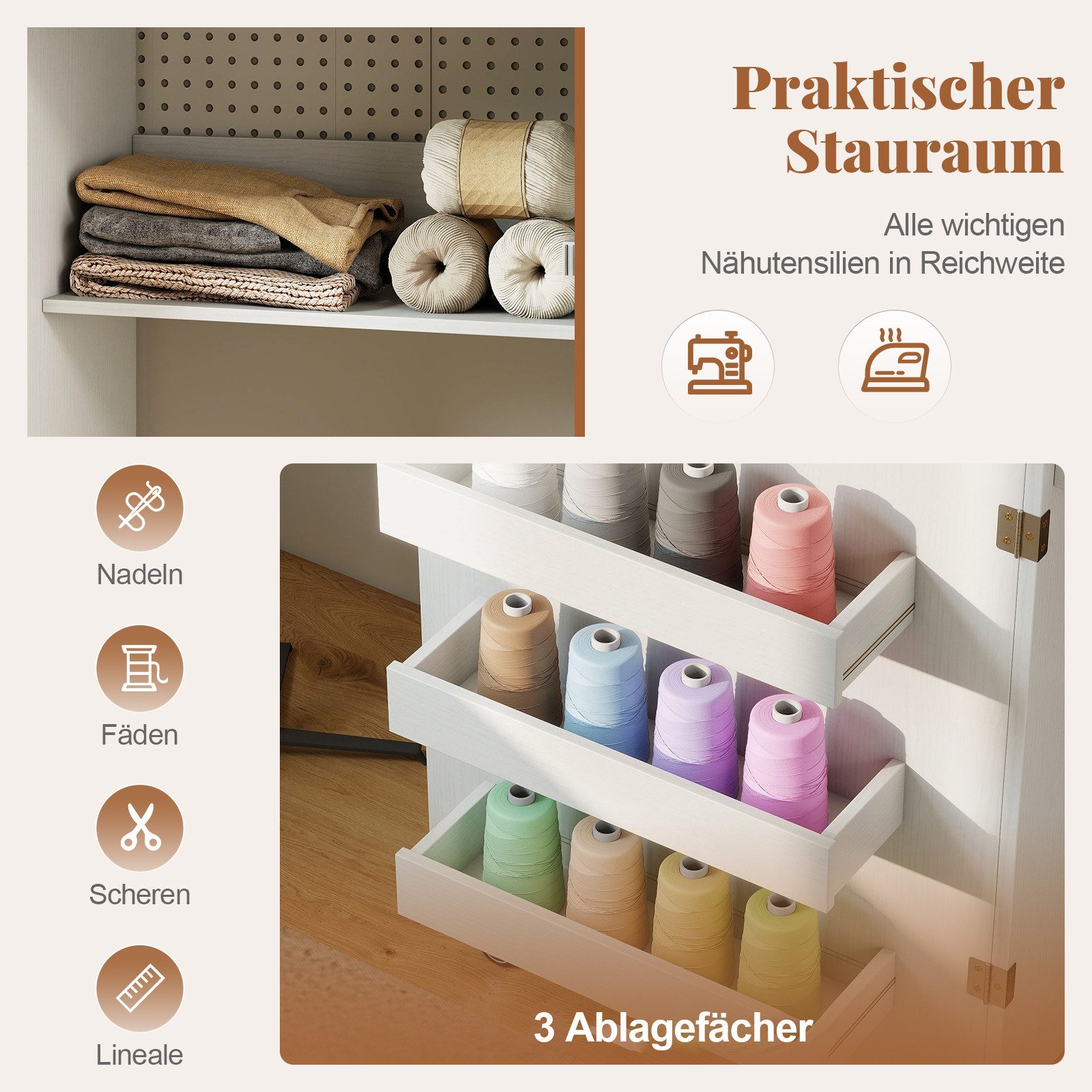 COSTWAY Schreibtisch 2 in 1 Nähtisch klappbar mit Ladestation, Rollen, Nähmaschinenschrank – Bild 4 von 5