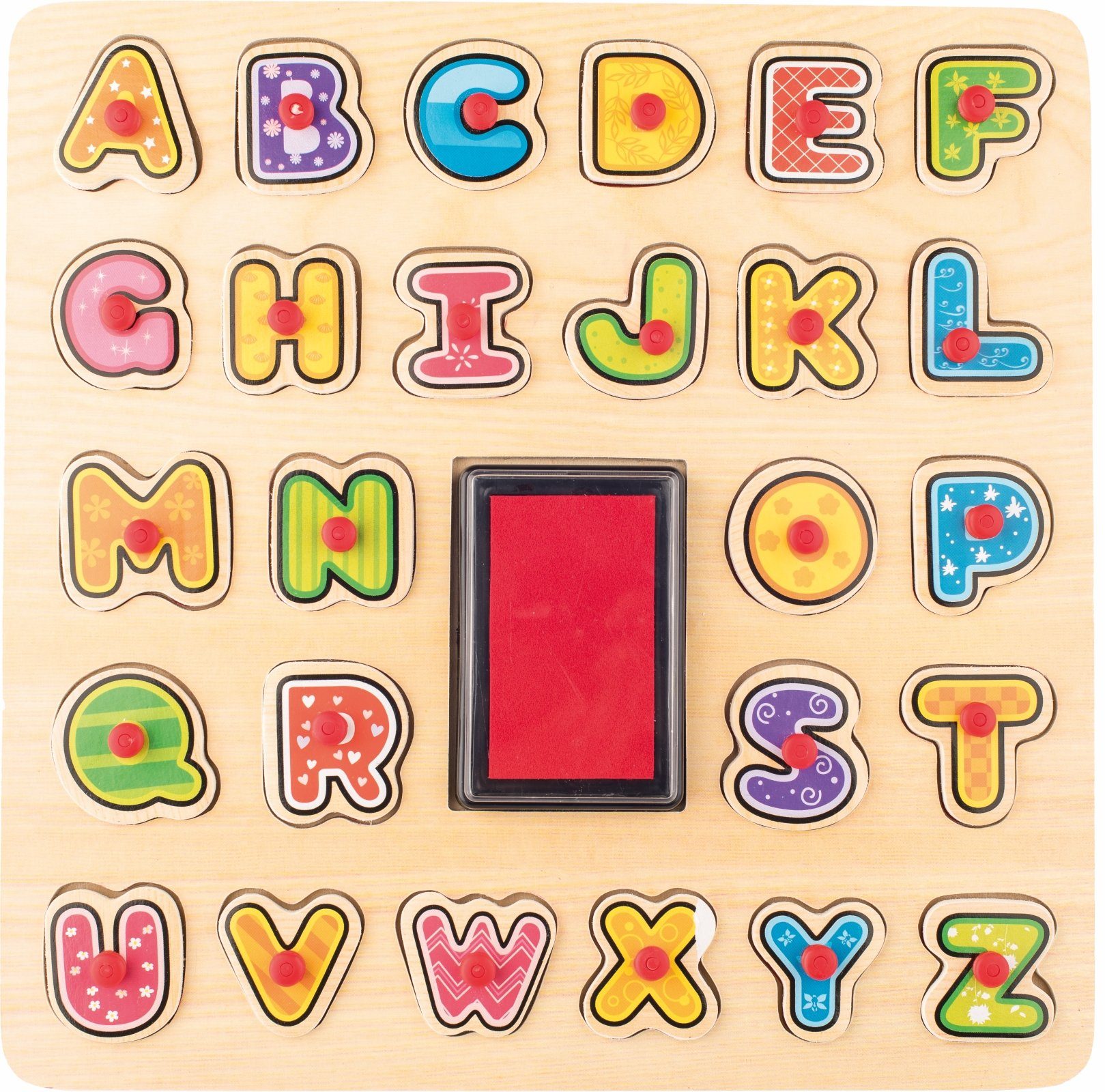 Woodyland Lernspielzeug 91808 Holz ABC - Puzzle mit 26 Stempel und Stempelkissen (26-St)