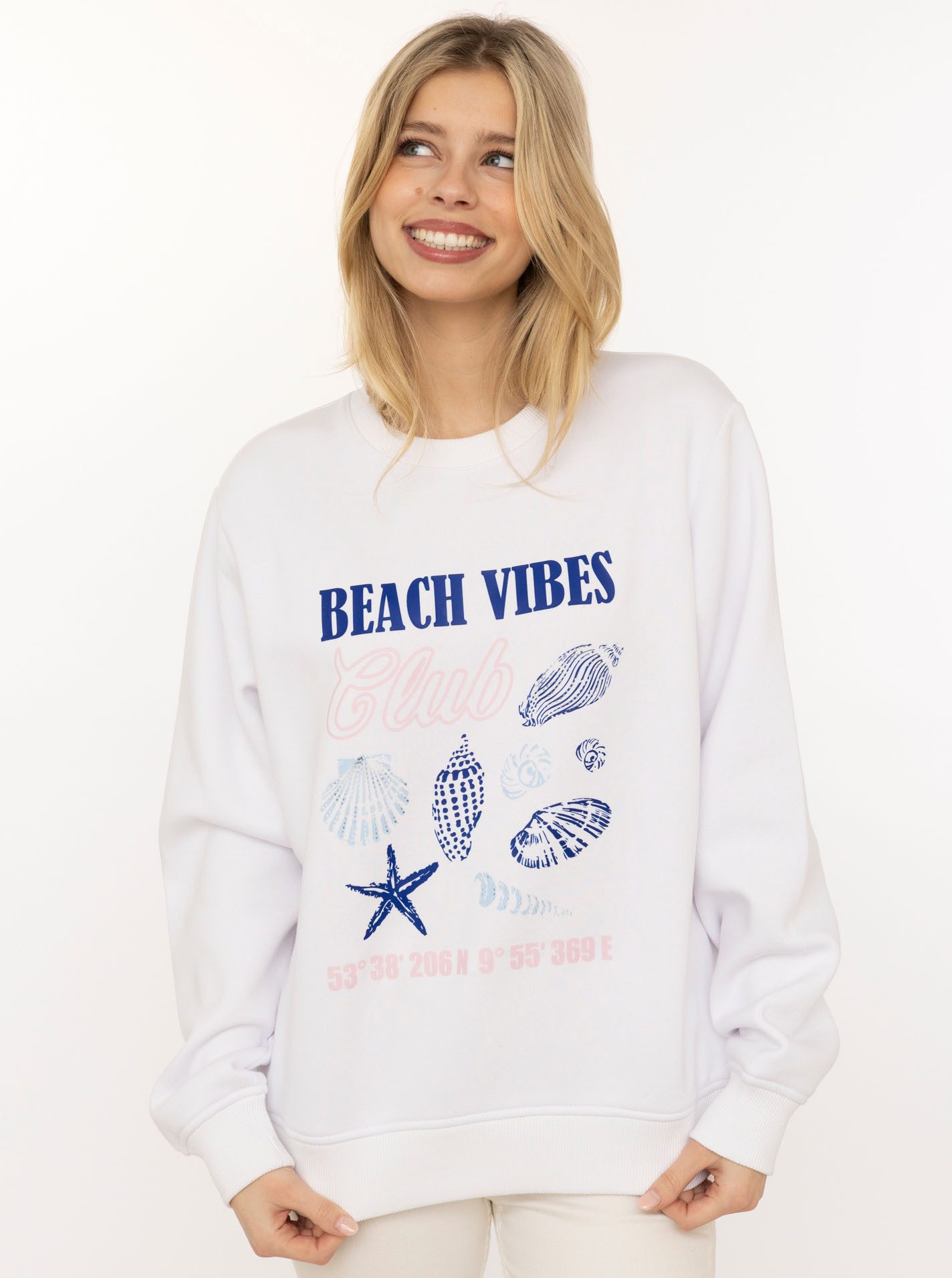 Zwillingsherz Hoodie "Beach Vibes Club" Rundhals, Muschel Print, Maritimer günstig online kaufen