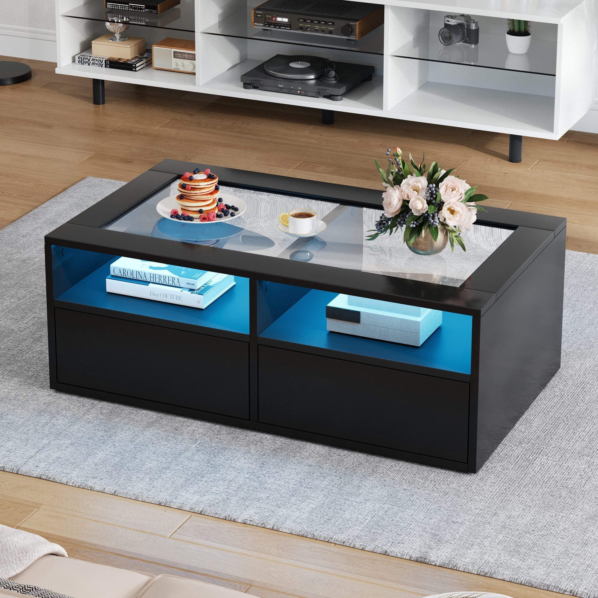 Merax Couchtisch Wohnzimmertisch Beistelltisch mit LED-Beleuchtung (100×50×35 cm, 1-St., zweistöckigem Design & modernem Look), Sofatisch mit gehärteter Glasplatte, 2 Schubladen & offenem Stauraum