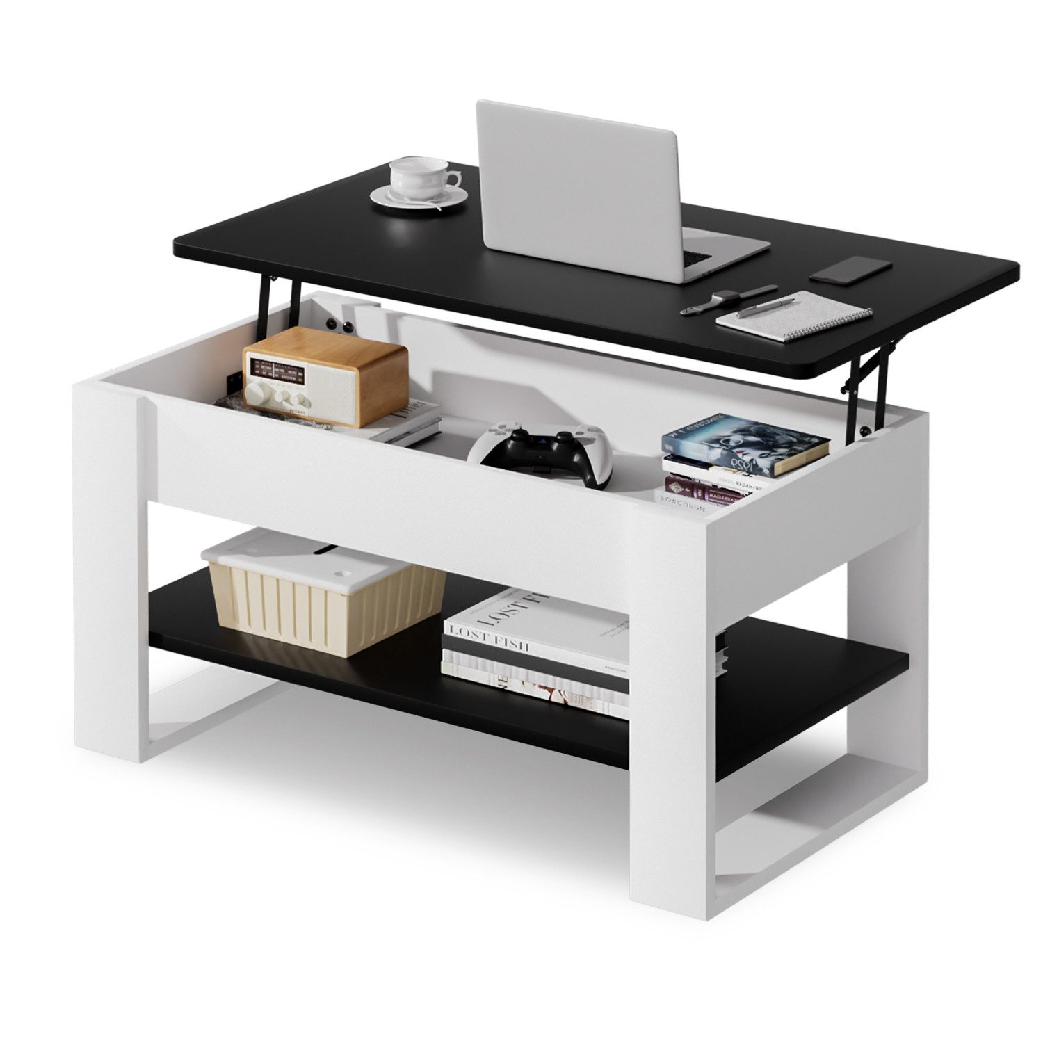 Yorbay Couchtisch Höhenverstellbar 46-60cm mit Gasfeder & verstecktem Fach, Sofatisch mit Stauraum, Wohnzimmertisch, stabil bis 80kg
