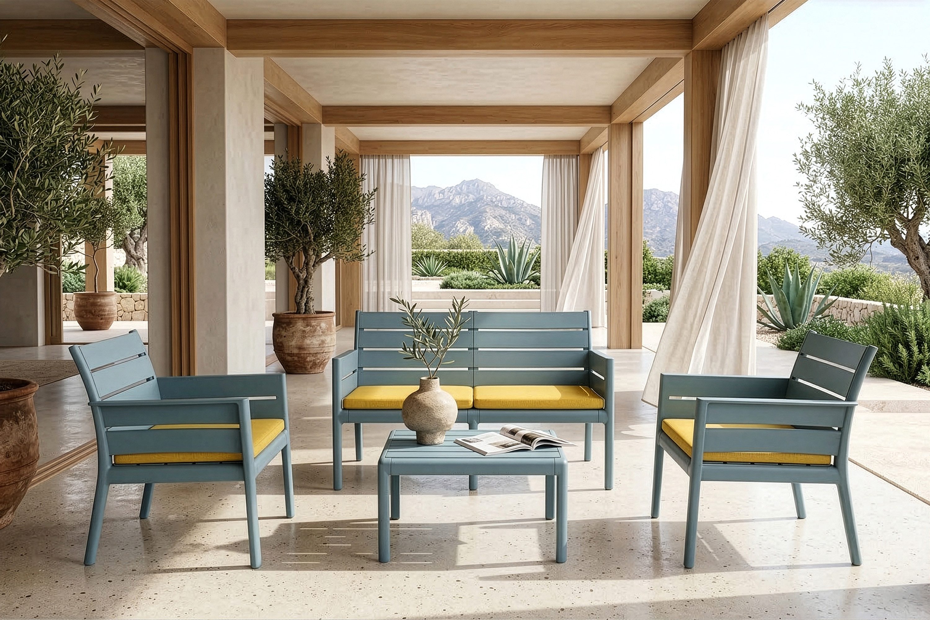 KONSIMO® Gartenlounge-Set MITTU Gartenmöbel-Set, Modern-Stil, italienische Premiumqualität, (4-tlg., 2x Sessel, 1x Sofa, 1x Tisch), aus recycelten Materialien, pflegeleicht, für 4 Personen