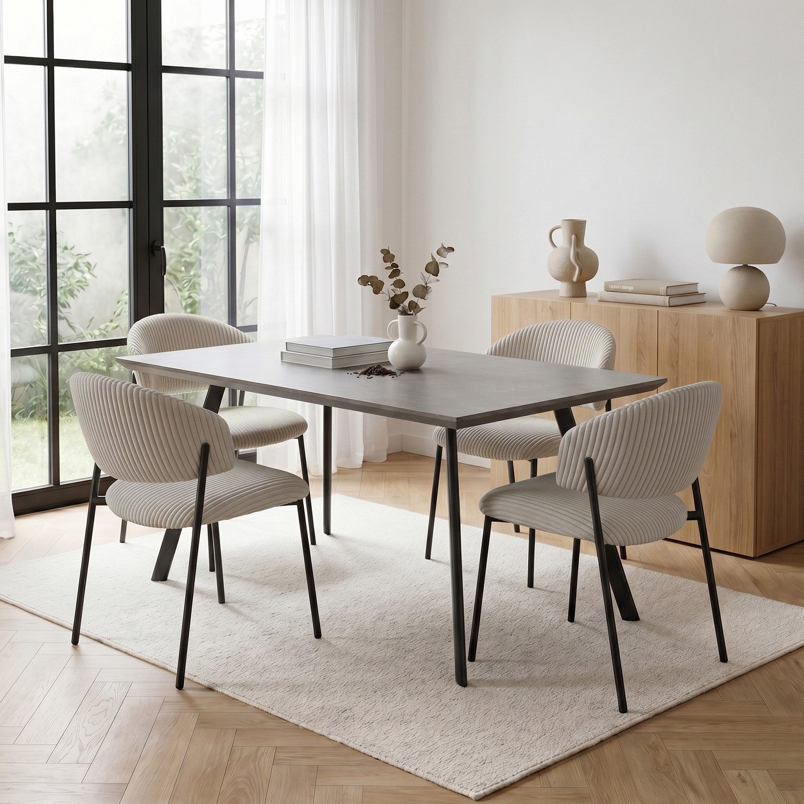 Jiexi Essgruppe Essgruppe 110x70 MDF-Tisch mit U-Metallgestell & Cord-Stühlen