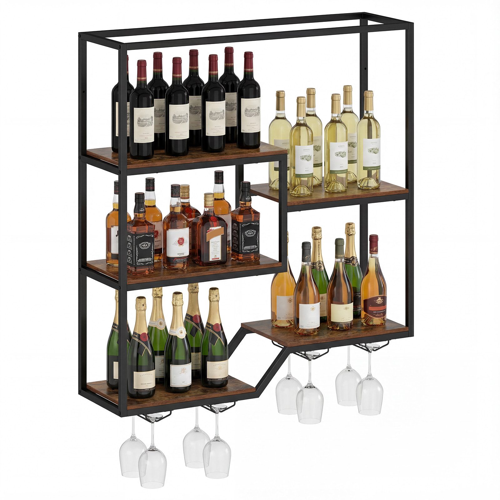 COSTWAY Weinregal, Wand mit 5 Regalböden & 4 Glashalter Flashenregal Metall