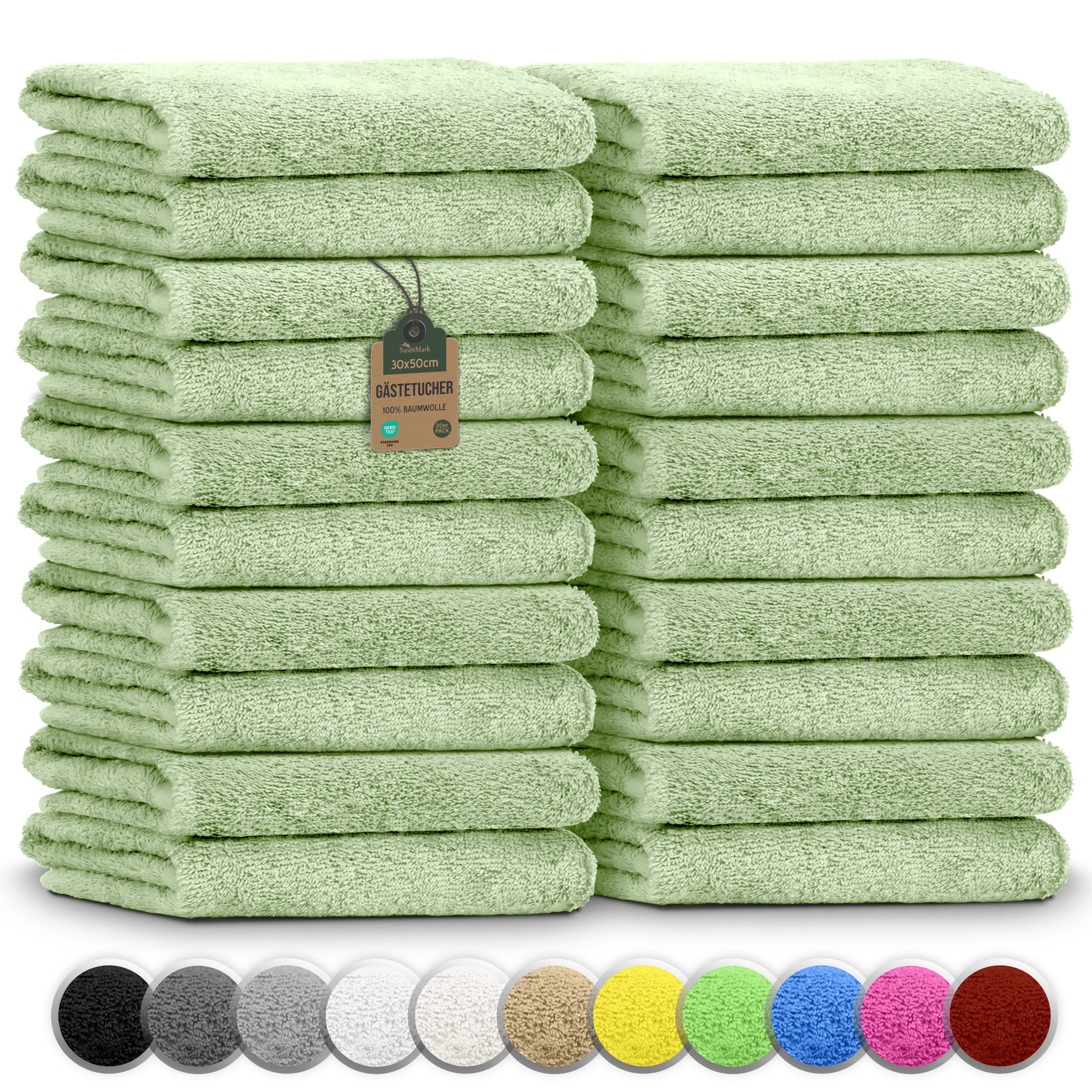 NatureMark Gästehandtuch 20er-Sparpack Frottier Gästetücher 30x50cm, 100% Baumwolle (20-St), GÃ¤stehandtuch 30x50cm Moos grÃ¼n