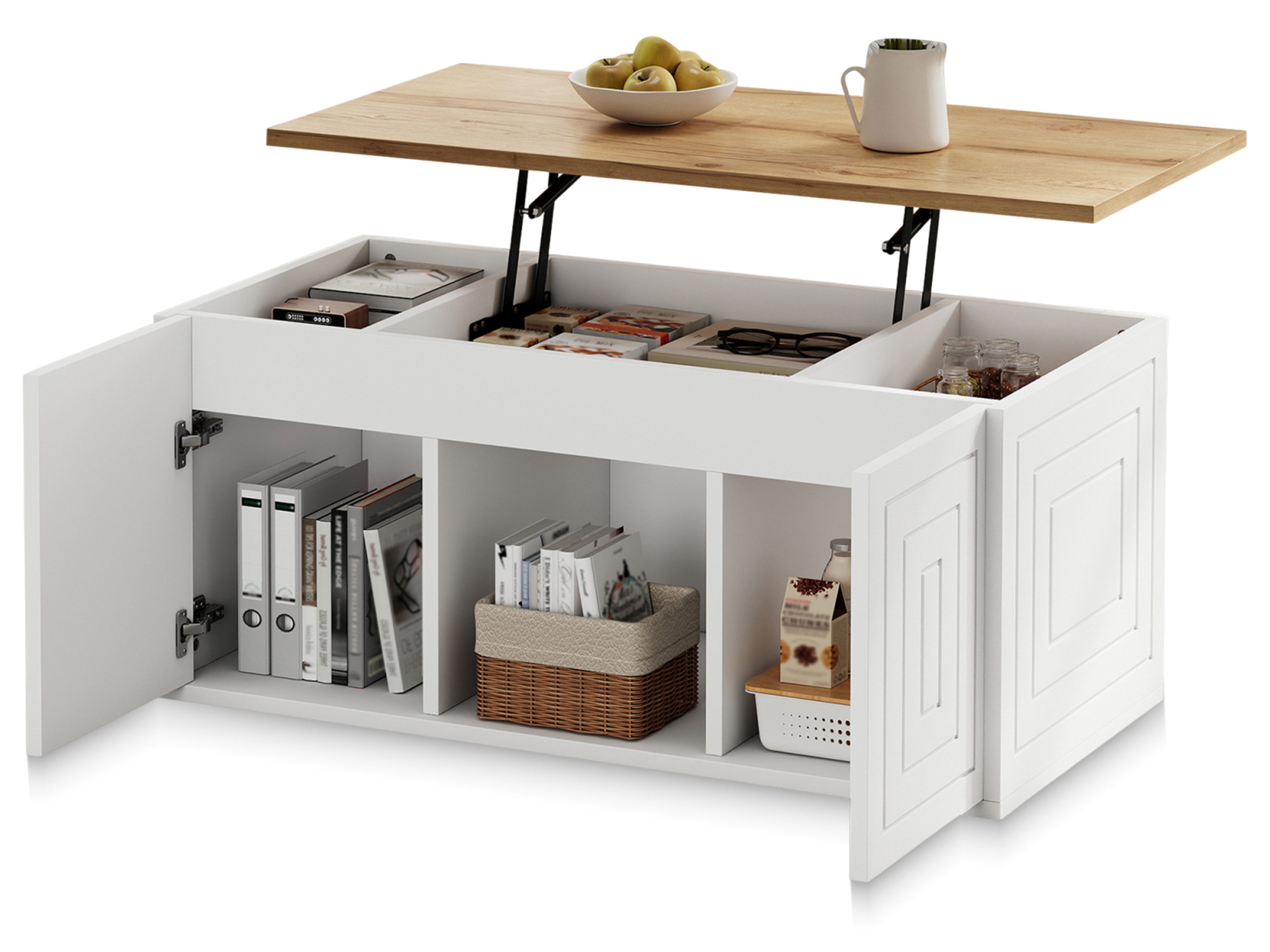 SeedWave Couchtisch Moderner Sofatisch mit Höhenverstellbarer Tischplatte bis Höhe 59cm, Skandinavischer Minimalstil, Stubentisch mit versteckten Staufächern