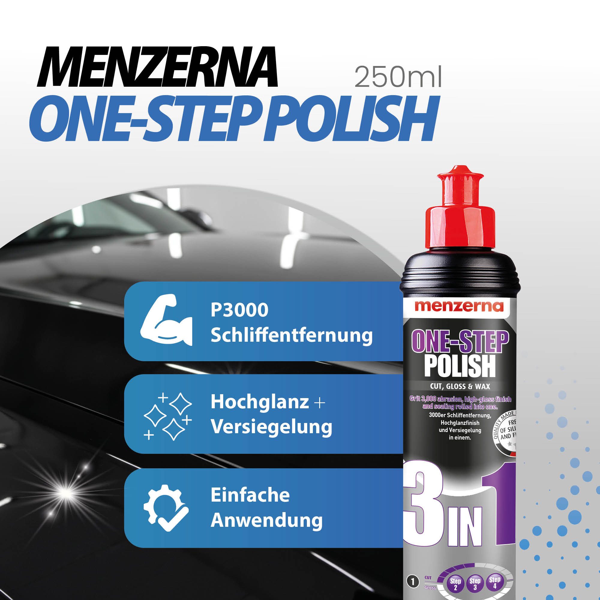 detailmate Auto Politur 3in1 Menzerna One Step Polish Set Autopolitur (4 St), Medium Cut One-Step + PAD Medium + Mikrofasertuch + Gummihandschuhe