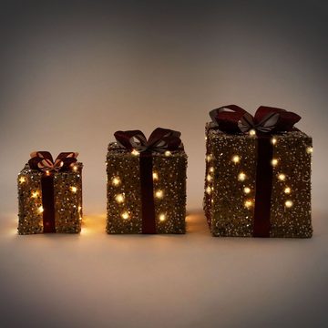 ECD Germany Weihnachtsfigur Geschenkboxen Weihnachten Weihnachtsdekogeschenk Weihnachtsgeschenkbox, 3er Set LED mit Schleifen Hellbraun-Rot Warmweiß batteriebetrieb Timer
