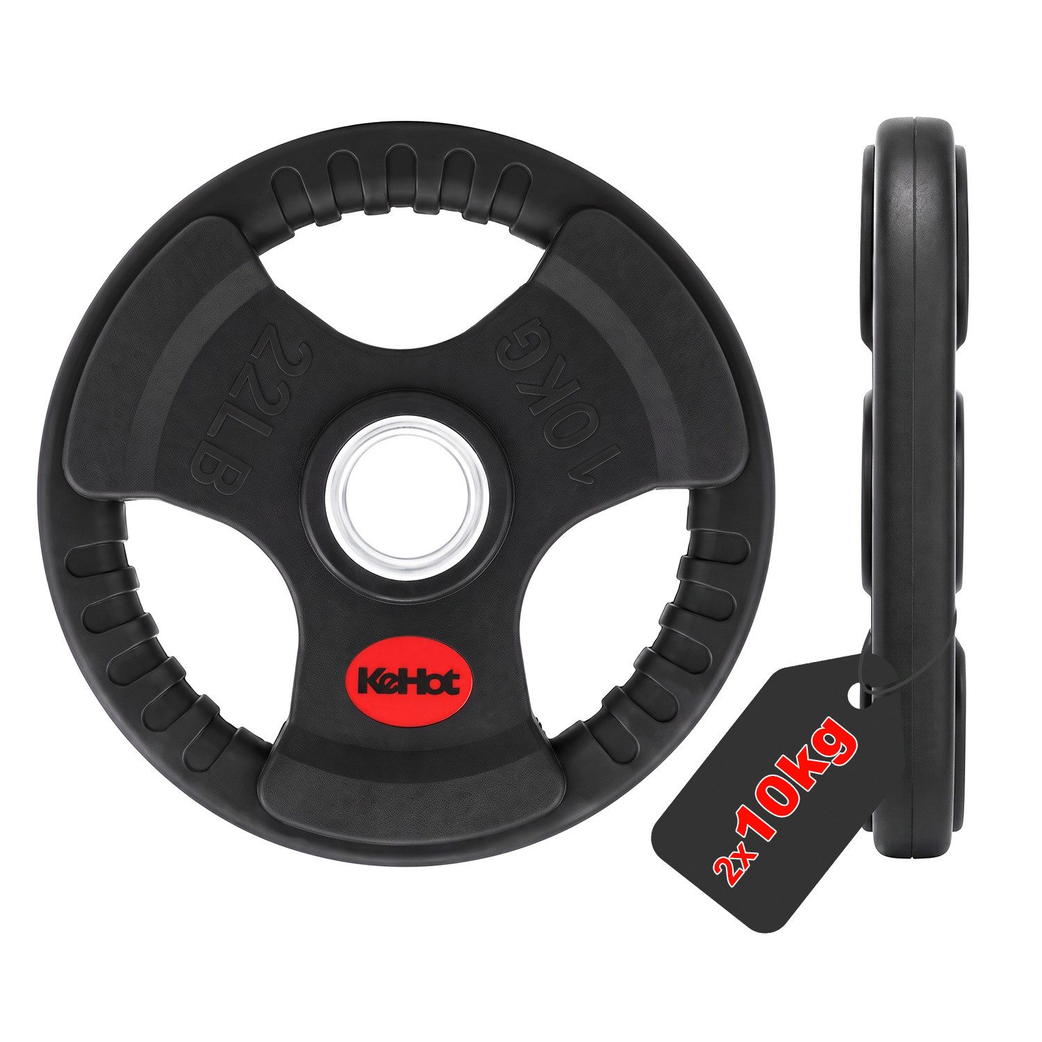 kehot Hantelscheiben Hantelscheiben 50 mm, Tri-Grip Design, Gusseisenkern, PVC-Gummierung, 20 kg, (2 x 10 kg Gewichtsscheiben für Langhanteltraining, 2-tlg., Für intensives Krafttraining und gleichmäßige Beladung), Ergonomische Griffe für leichtes Wechsel