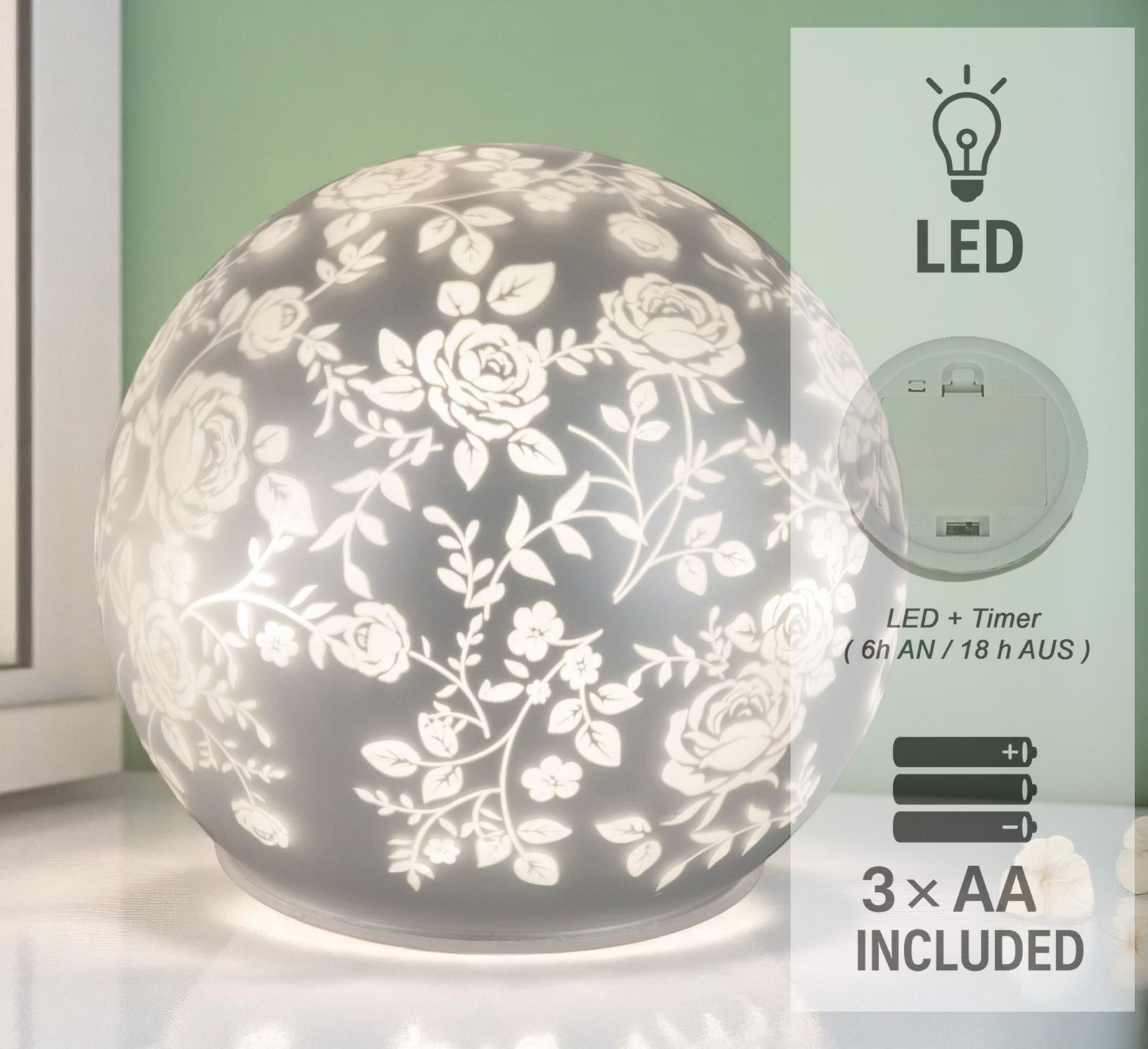 formano LED Dekolicht LED Glas-Kugel Silber Rosenmotiv 10cm batteriebetrieben mit Timer Deko, LED fest integriert