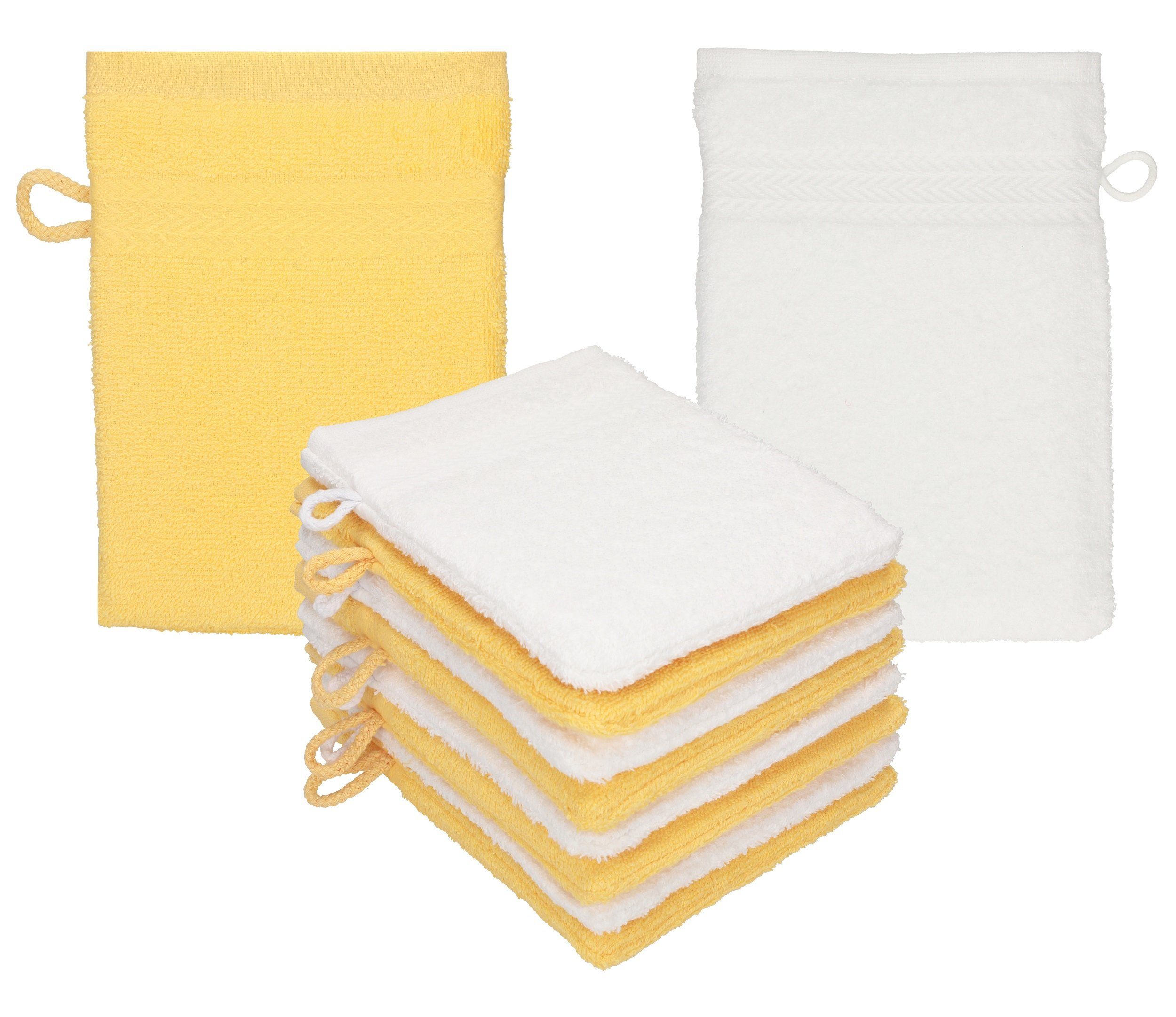 Betz Waschhandschuh 10 Stück Waschhandschuhe Premium 100% Baumwolle Waschlappen Set 16x21 cm Farbe honiggelb - weiß
