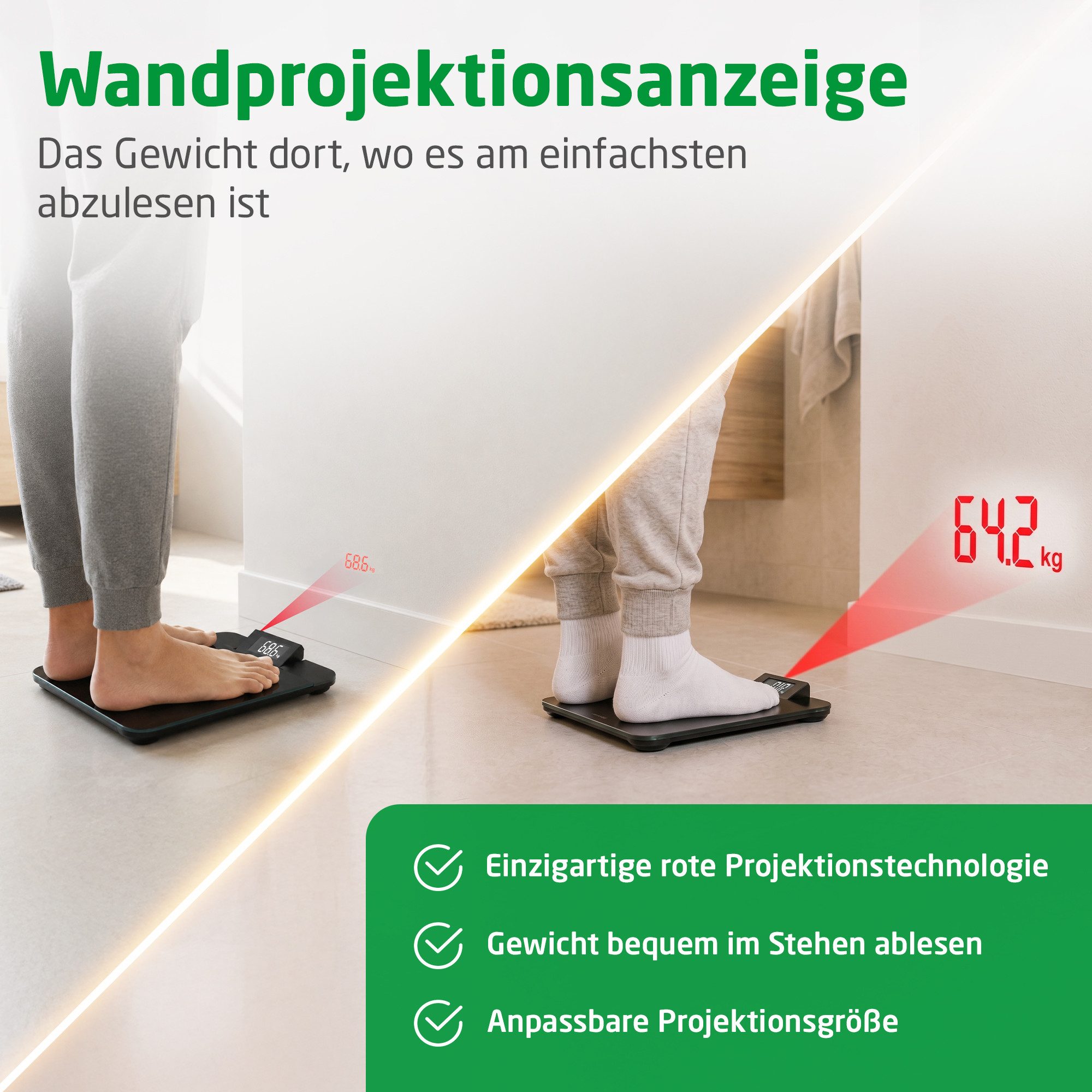 medisana Personenwaage PS 520, aus 5 mm Sicherheitsglas und mit Wandprojektionsanzeige, Tragkraft bis 180 kg, großes LCD-Display, Dehnungsmesssensoren – Bild 3 von 5