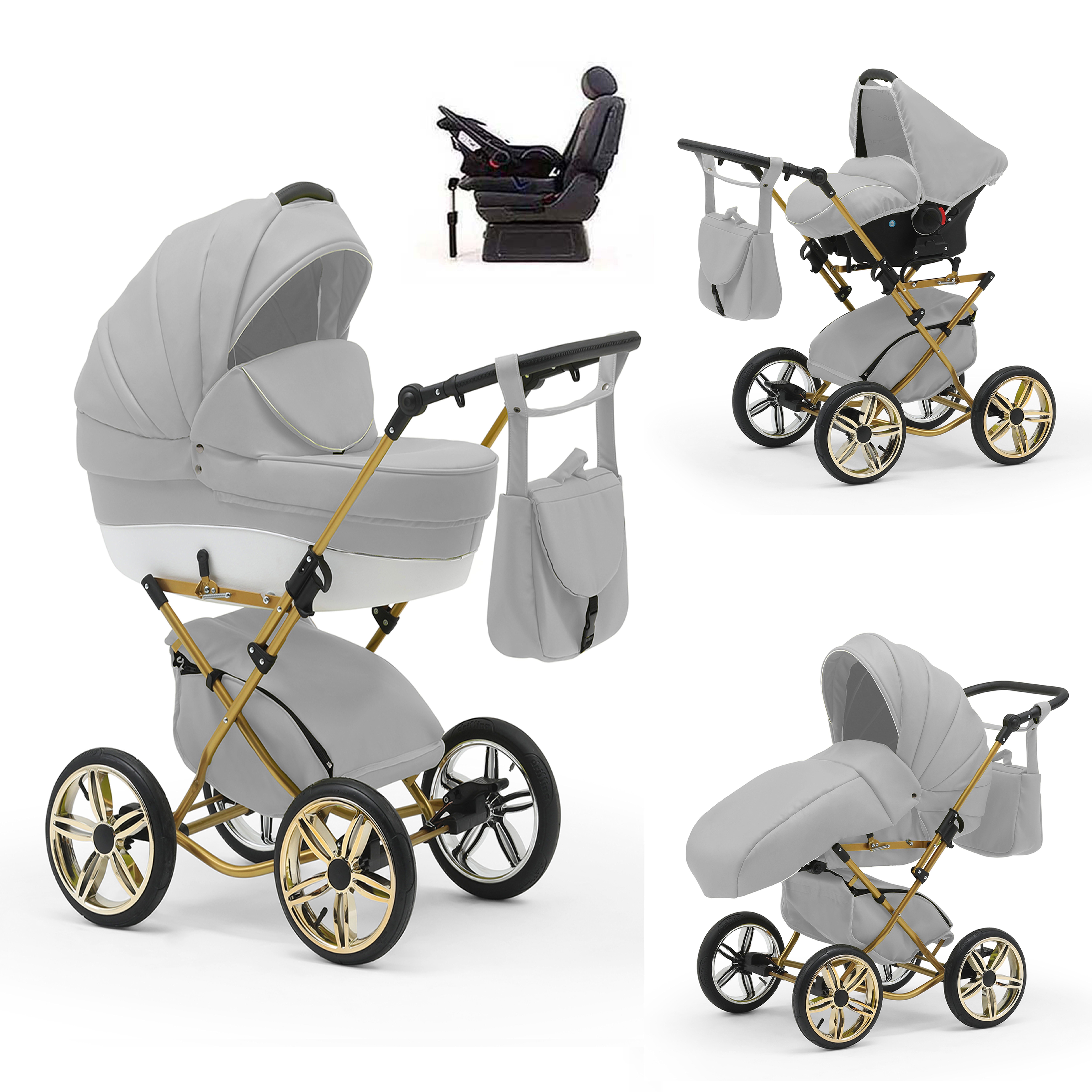 babies-on-wheels Kombi-Kinderwagen Sorento 4 in 1 inkl. Autositz und Iso Base - 14 Teile - in 10 Designs Hellgrau-Weiß