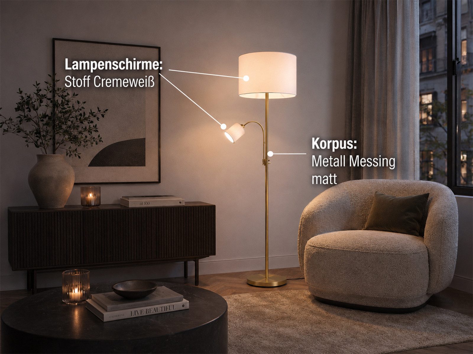 TRIO Leuchten LED Stehlampe mit Leselampe & Stoffschirm Höhe 170cm, dimmbar, LED wechselbar, Warmweiß, Designklassiker Steh-Leuchte groß für Lese-Ecke stehend