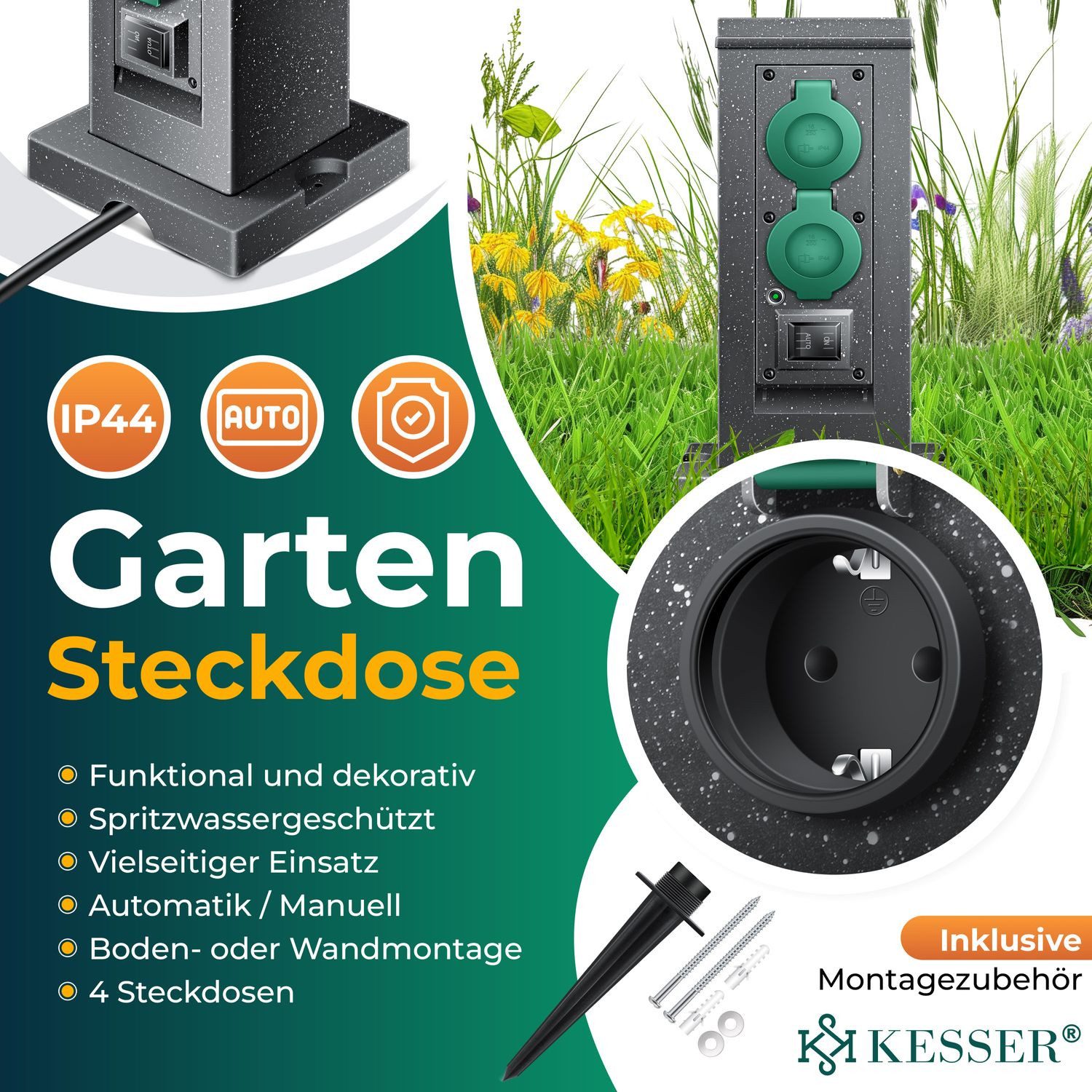 KESSER Gartensteckdose, Gartensteckdose Steinoptik mit Steckplätzen Inkl.Erdspieß