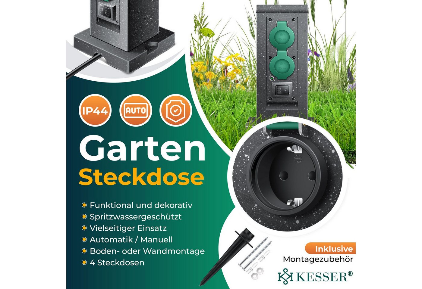 Thumbnail - KESSER Gartensteckdose, Gartensteckdose Steinoptik mit Steckplätzen Inkl.Erdspieß