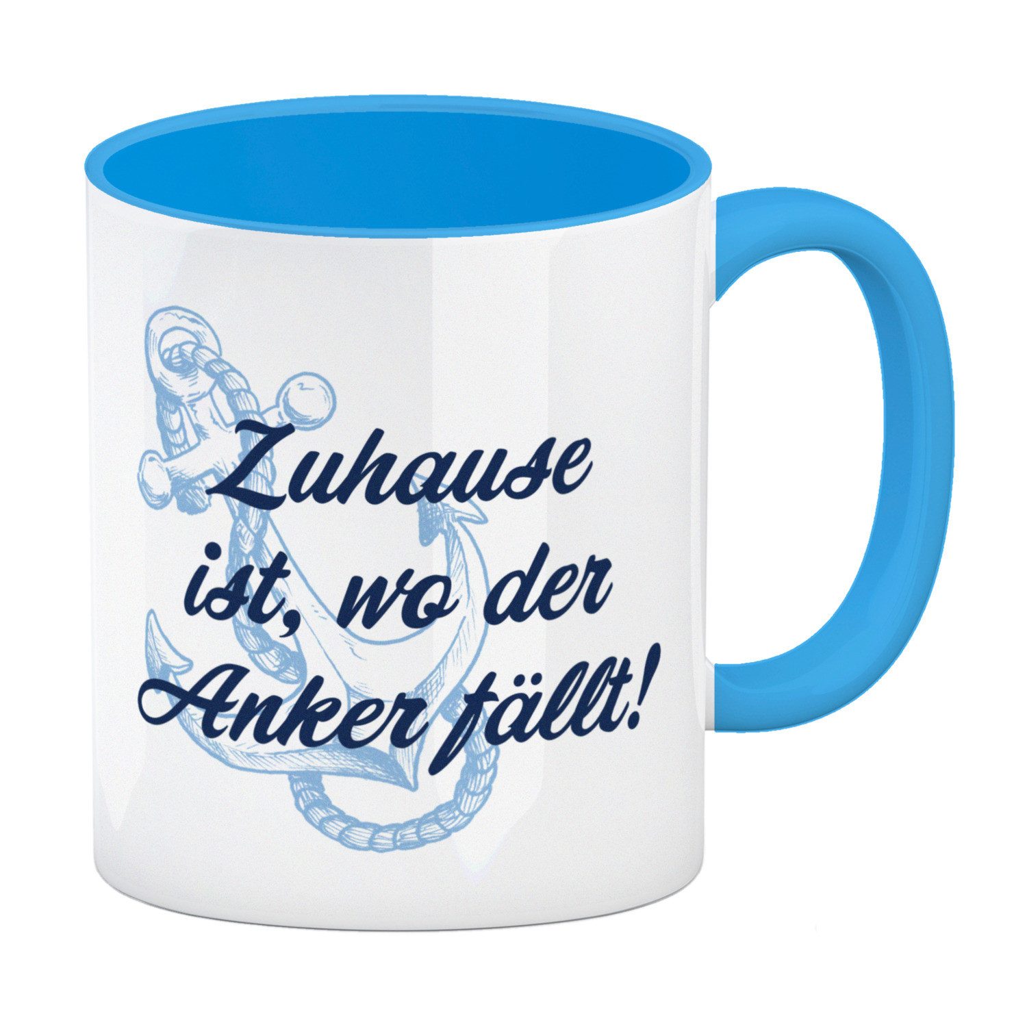 Tasse Anker Kaffeebecher in hellblau mit Spruch Zuhause ist wo der fällt