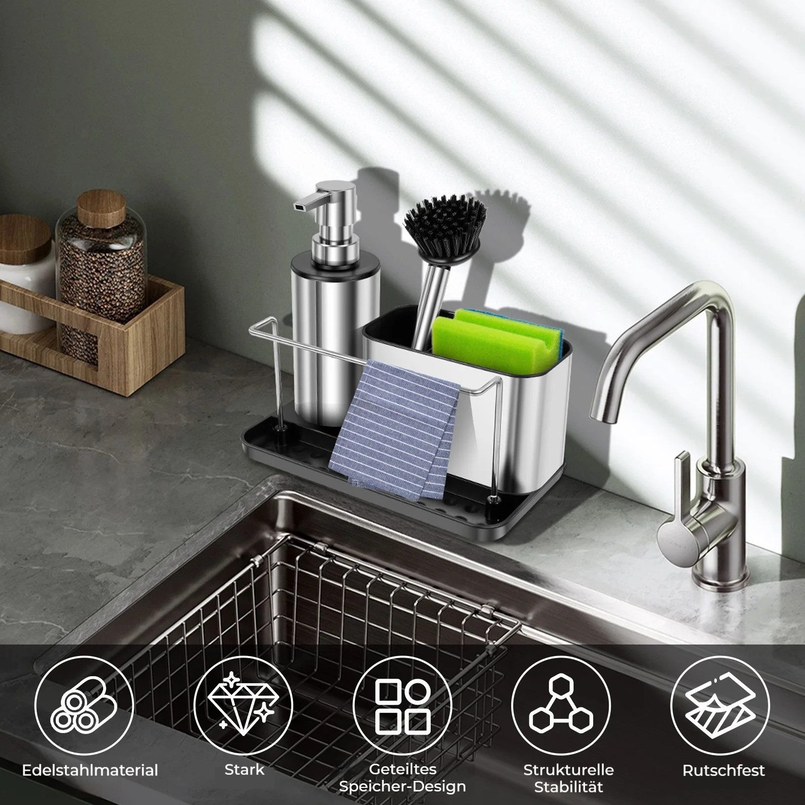 BlingBin Küchenorganizer-Set 3-in-1-Seifenspender-Pumpenset mit Bürste, Spü günstig online kaufen