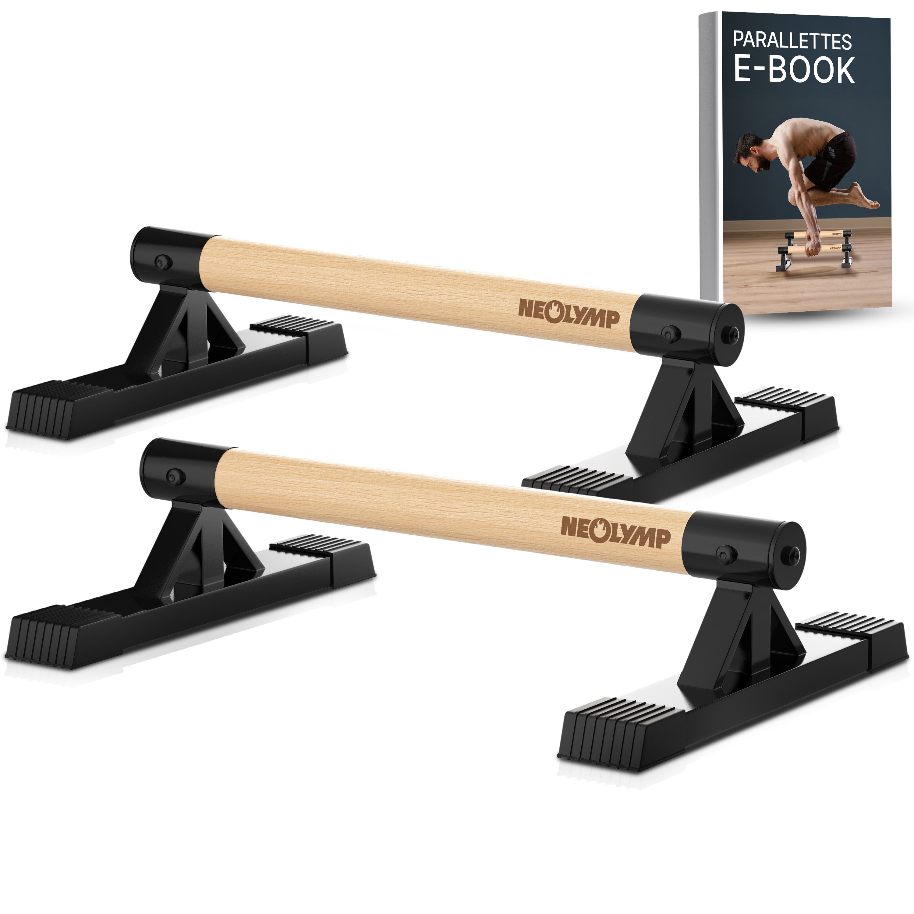 NEOLYMP Liegestützgriffe Parallettes Holz - Calisthenics Equipment Liegestützgriffe - Push Up (Set, Push Up Bars belastbar bis 500 kg - inkl. E-Book & Grip Tapes), Handstand Griffe aus massivem Holz & Stahl - rutschfest & ergonomisch